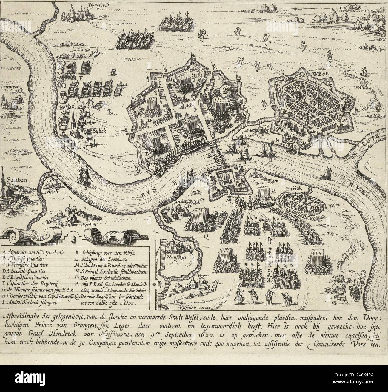 Die Staatsarmee unter Maurice lagerte in der Nähe von Wesel, 1620, Bild des Anlasses, der starken und berühmten Stadt Wesel, und die umliegenden Orte, darunter wie der heitere Hochfürst von Orangen seine Armee dort etwa hat (Titel auf Objekt), Karte van Wesel am Rhein und Umgebung mit dem Lager der Landesarmee unter Maurice, 1620. Reise von Prinz Maurits gegen Spinola, 15.-23. August 1620. Mit der Ankunft des Grafen Hendrik von Nassau mit einer englischen Armee am 9. September 1620. Unten links eine Kartusche mit der Legende A-Q., Druck, Druckerei: Claes Jansz. Visscher (II), (Werkstatt von Stockfoto