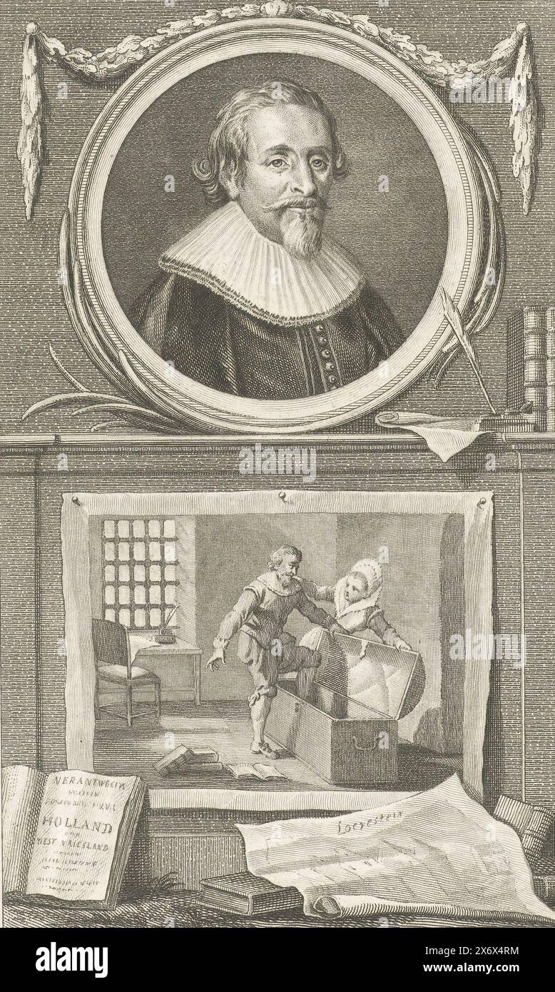 Hugo Grotius in die Bücherschale, 1621, Rundporträt von Hugo Grotius, unten ein gestochenes Bild von Hugo Grotius in die Bücherschale, unterstützt von seiner Frau Maria van Reigersberg, 22. März 1621., Druck, Druckerei: Reinier Vinkeles (I), (auf dem Objekt erwähnt), nach Zeichnung von: Jacobus Buys, (auf dem Gegenstand erwähnt), Niederlande, 1751 - 1799, Papier, Ätzen, Höhe, 238 mm x Breite, 154 mm Stockfoto