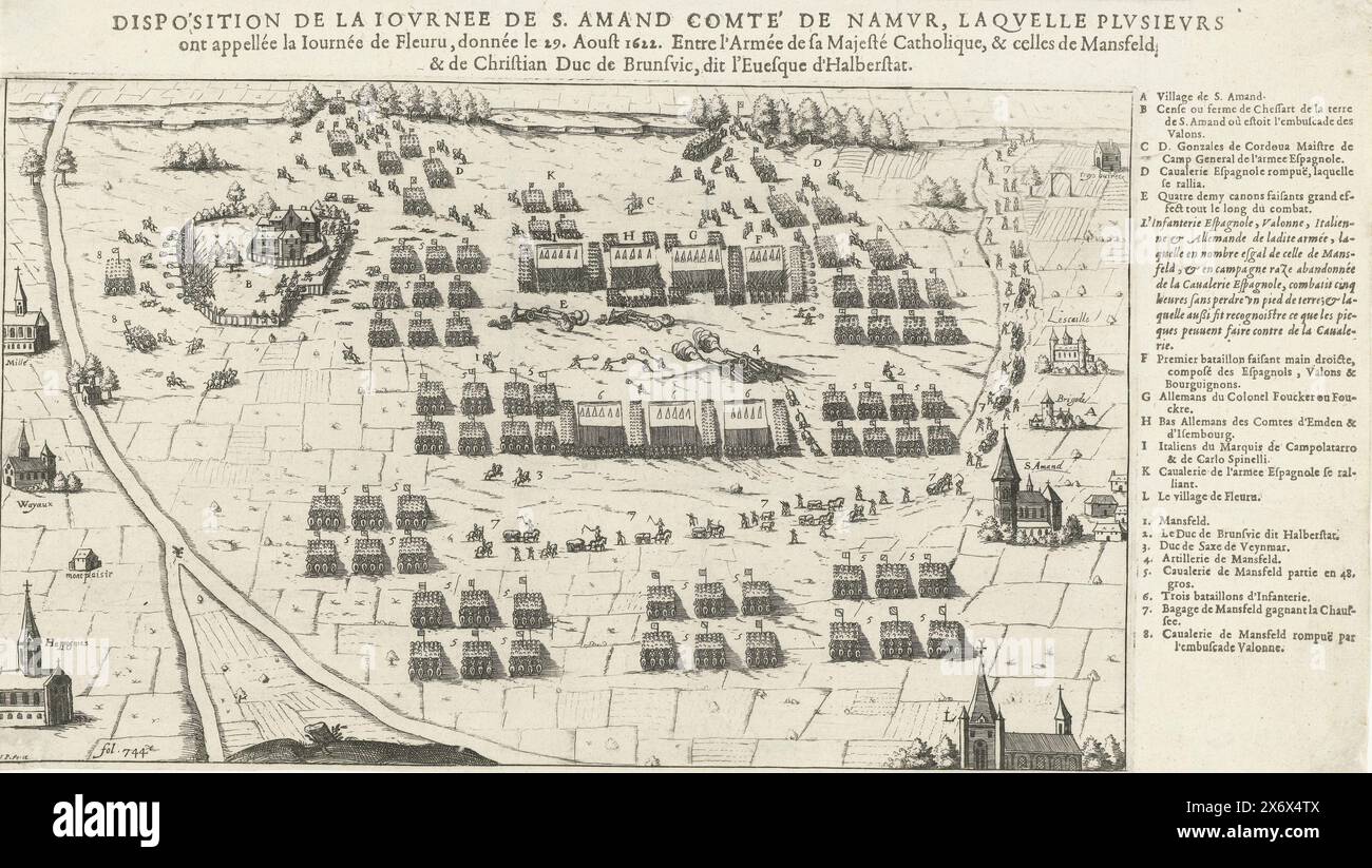 Schlacht von Fleurus, 1622, Disposition de la Journee de S. Amand comte' de Namur, laquelle plusieurs ont appellée la Journée de Fleuru, donnée le 29. Aoust 1622. Entre l'Armée de sa Majesté Catholique, & celles de Mansfeld & de Christian Duc de Brunsvic, dit l'Evesque d'Halberstat (Titel zum Gegenstand), Schlacht von Fleurus im Hennegau zwischen der Armee unter Christian Herzog von Braunschweig und Ernst Graf von Mansfeld gegen die spanische Armee unter Gonzalo Fernández de Córdoba, August 1622. Rechts die Legende A-L und 1-8 in französischer Sprache., Druck, Druckerei: Unbekannt, Südholland, (möglicherweise Stockfoto