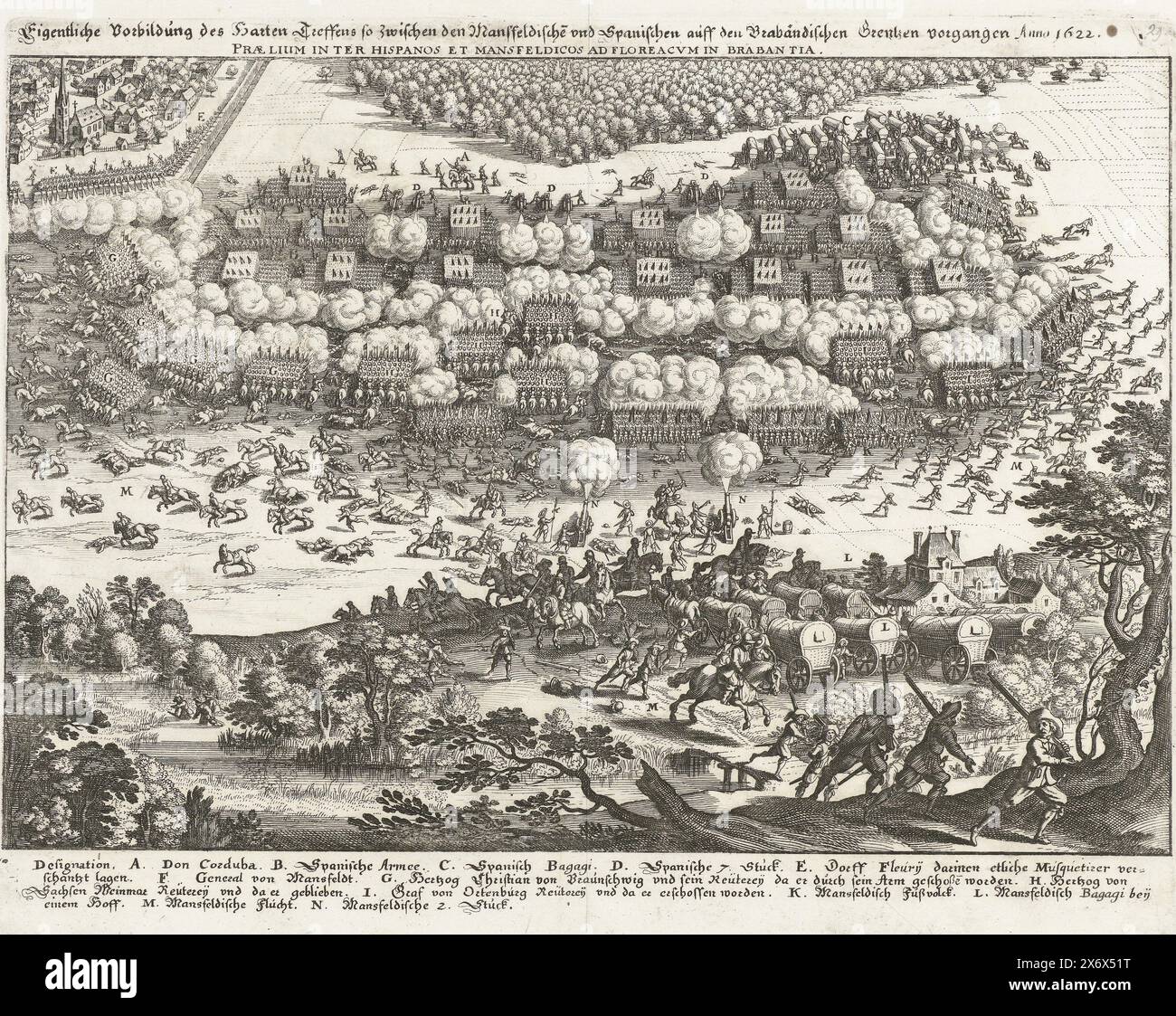 Schlacht von Fleurus, 1622 bei Fleurus im Hennegau zwischen der Armee unter Christian Herzog von Braunschweig und Ernst Graf von Mansfeld gegen die spanische Armee unter Gonzalo Fernández de Córdoba, 29. August 1622. Im Untertitel die Legende A-N auf Deutsch., Print, Print Maker: Anonym, Deutschland, 1622, Papier, Ätzen, Höhe, 276 mm x Breite, 351 mm Stockfoto