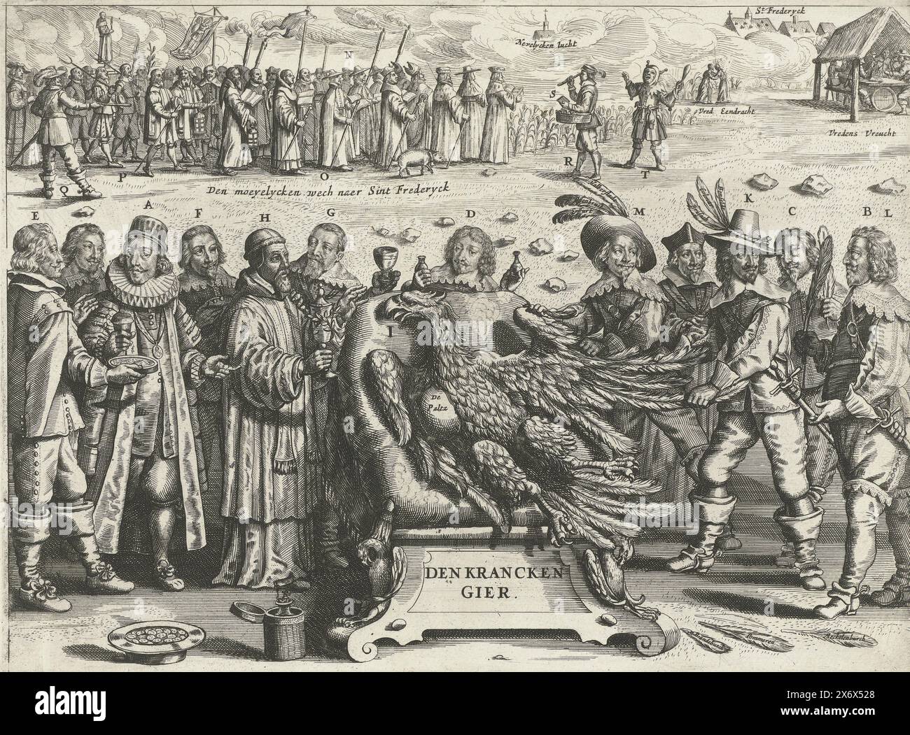 Cartoon zum Fall des Pfälzischen Friedrich von Böhmen, 1622, den Krancken Gier (Titel zum Objekt), Neujahrsdruck und Cartoon zum Fall Friedrichs von der Pfalz, König von Böhmen, 1622. Aus dem kranken Adler wird der Geier (die Pfalz) zu den Federn, die von französischen und deutschen Monarchen gerupft werden. Links eine Reihe von Fürsten, die sich als Ärzte ausgeben, nimmt der Papst den Geier zur Beichte. Im Hintergrund eine römische Prozession böhmisch-katholischer Bürger auf dem schwierigen Weg nach St. Friedrich. Dieser Druck umfasst eine Textseite., drucken, Druckerzeuger: Anonym, Druckerzeuger Stockfoto
