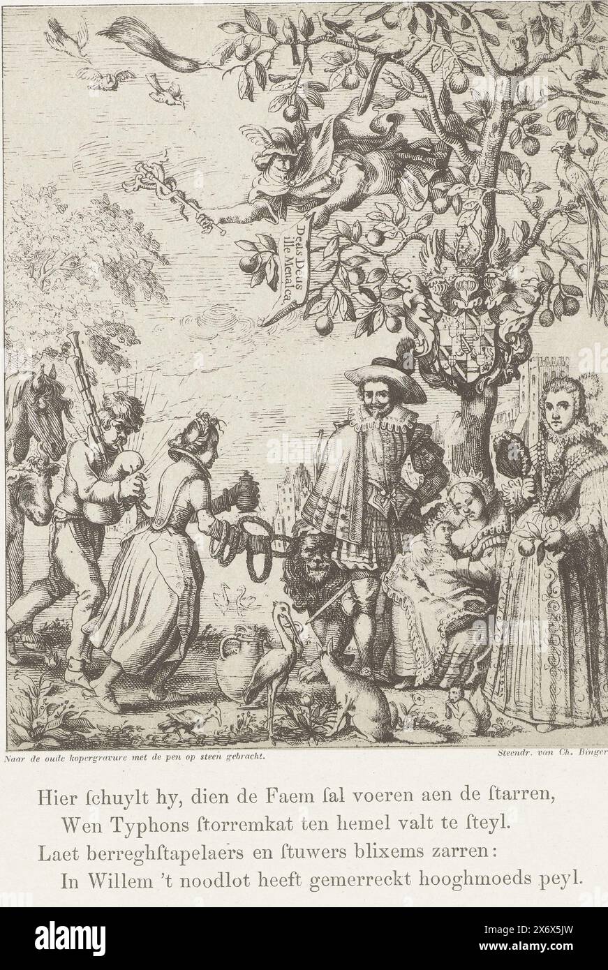 Allegory on the Birth of Wilhelm II., 1626, Allegory on the Birth of William II., 27. Mai 1626. Frederik Hendrik und Amalia van Solms stehen auf beiden Seiten eines Orangenbaums, an dessen Fuß der junge Prinz gesäugt wird. Ein Bauer spielt den Dudelsack und die Frau des Bauers schenkt Geschenke. Im Baum Quecksilber. Unter dem Bild ist ein Vers von vier Zeilen., Druck, Druckerei: Charles Binger, (erwähnt auf Objekt), nach Druck von: Anonym, (erwähnt auf Objekt), Joost van den Vondel, Niederlande, 1800 - 1899, Papier, Höhe, 286 mm x Breite, 200 mm Stockfoto