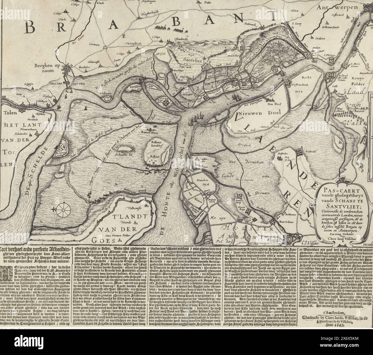 Karte, die den Bau des spanischen Dorfes in Zandvliet zeigt, 1627, Pas-caert vande ghelege[n]theyt vande Schans te Santvliet; zeigt das ertrunkene überwässerte Land, frisch gewaschene Flüsse, und die Bäche des Killen im und durch das Meer zwischen Bergen op Zoom und Antwerpen (Titel über Objekt), Cort Verhael und die perfekten Bilder der Legenden von Sant-vliet, einschließlich der Festung von Hooger-Werf, und die dort neu errichtete Schansen (Titel auf Objekt), Karte mit dem Fluss- und Bachgebiet zwischen Oosterschelde und Westerschelde mit dem Bau der spanischen Burg Zandvliet, 1627 Stockfoto