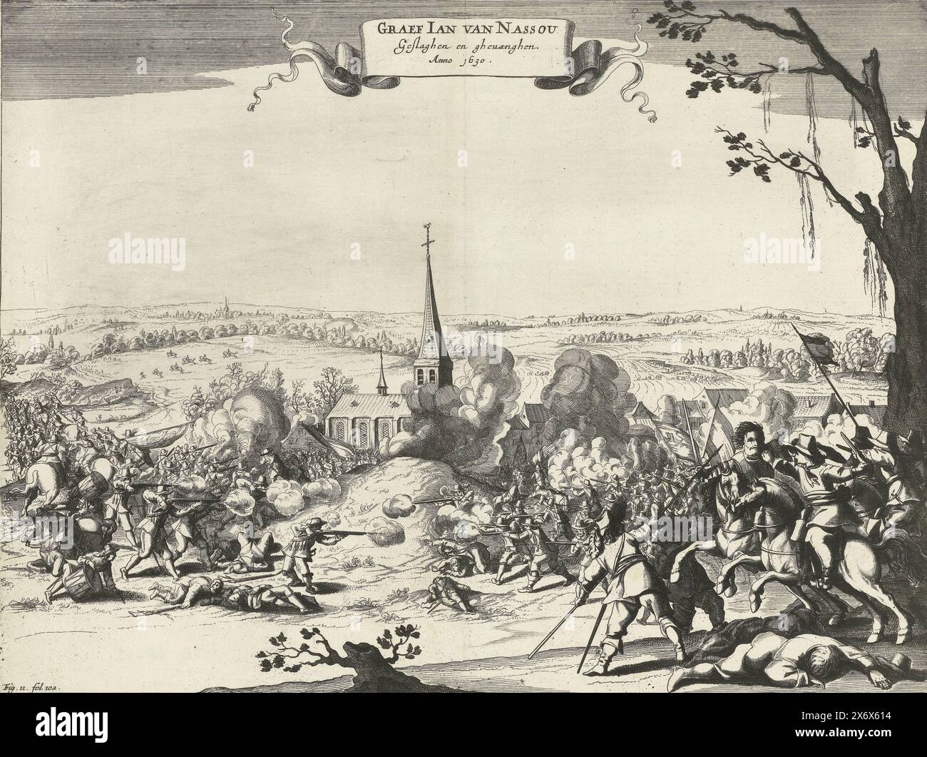 Gefangennahme von Johann VIII., Graf von Nassau-Siegen während der Kämpfe bei Wesel, 1630, Graf Jan van Nassou Geslaghen und Ghewanghen. Anno 1630, Gefangennahme von Johann VIII., Graf von Nassau-Siegen durch Oberst Ysselstein während der Kämpfe bei Wesel, August 1630. Heftige Kämpfe in einer Landschaft vor einer Kirche, rechts im Vordergrund wird der Graf zu Pferd gefangen genommen. Markiert unten links: abb. 11, fol. 102., Druck, Druckerei: Anonym, Nordholland, 1649 - 1651, Papier, Gravur, Ätzen, Höhe, 285 mm x Breite, 376 mm Stockfoto