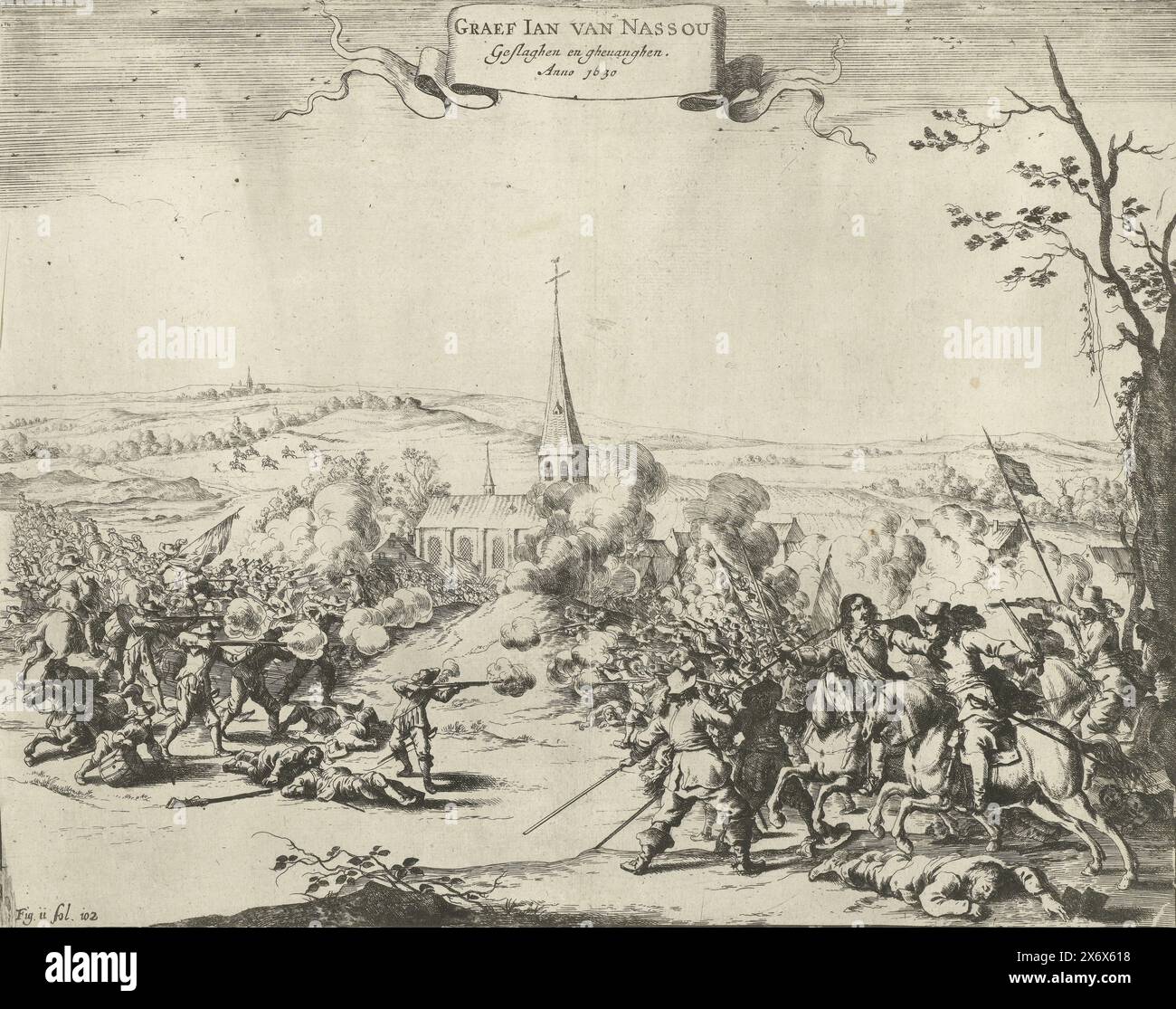 Gefangennahme von Johann VIII., Graf von Nassau-Siegen während der Kämpfe bei Wesel, 1630, Graf Jan van Nassou Geslaghen und Ghewanghen. Anno 1630, Gefangennahme von Johann VIII., Graf von Nassau-Siegen durch Oberst Ysselstein während der Kämpfe bei Wesel, August 1630. Heftige Kämpfe in einer Landschaft vor einer Kirche, rechts im Vordergrund wird der Graf zu Pferd gefangen genommen. Markiert unten links: abb. 11, fol. 102., Druck, Druckerei: Dirk Stoop, Nordholland, 1651 - 1652, Papier, Ätzen, Höhe, 277 mm x Breite, 352 mm Stockfoto