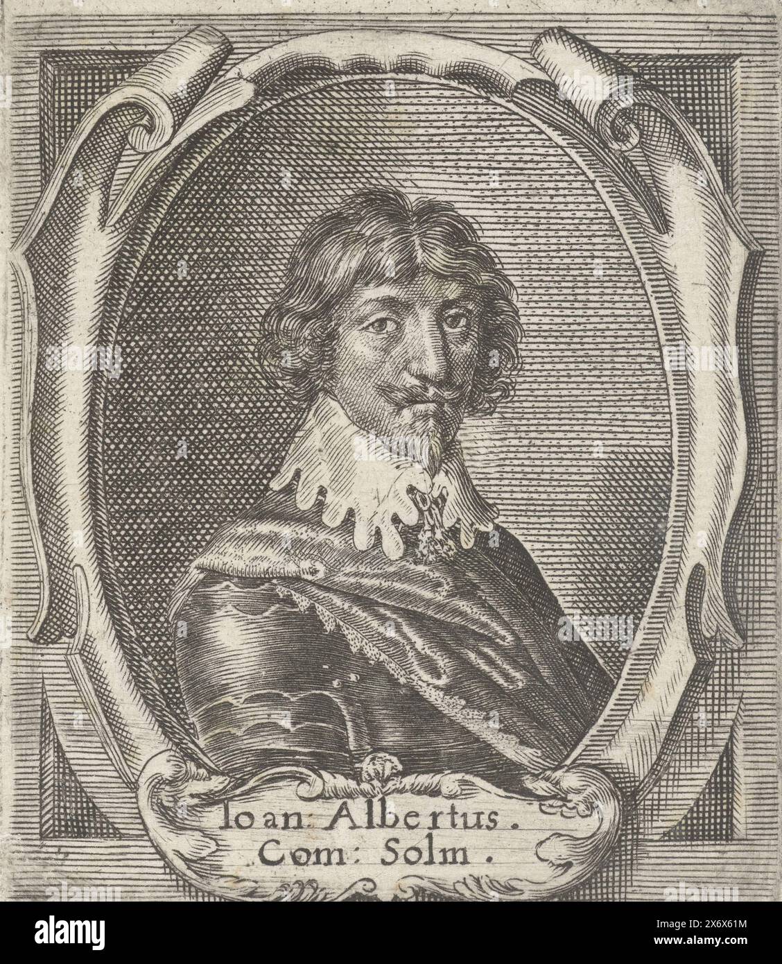 Porträt Johann Albrecht, Graf von Solms-Braunfels (II), Porträt Johann Albrecht, Graf von Solms-Braunfels (II). Diese Porträts von Generälen im Dienste des Statthalters wurden als Teil der Allegorie mit Statthalter Frederik Hendrik von 1632 verwendet., Druck, Druckerei: Crispijn van de Passe (II), Nordholland, 1632, Papier, Gravur, Höhe, 88 mm x Breite, 75 mm Stockfoto