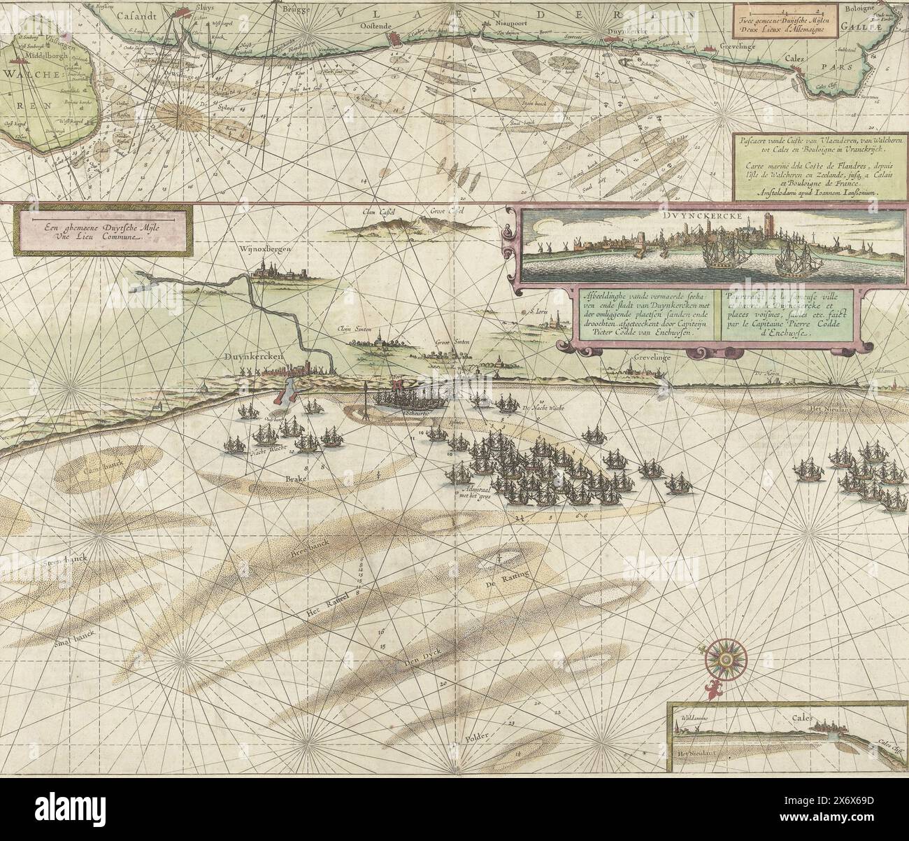 Karte der Küste bei Dunkirk und der flämischen Küste von Walcheren bis Boulogne, 1631, Pascaert vande Custe van Vlaenderen, von Walcheren bis Cales und Bouloigne in Vranckrijck, Carte Marine dela Coste de Flandres, depuis l'isle de Walcheren en Zeelande, jusq. Ein Blatt von Calais et Bouloigne de France (Titel auf Objekt) mit zwei Karten. Die Hauptdarstellung ist eine Karte der Küste bei Dünkirchen mit den Flotten von Schiffen, die den Eingang zum Hafen vor dem Segeln von Freibeutern schützen. Die spanische Flotte in der Scheurtje. Ebenfalls enthalten ist ein Profil der Stadt, vom Meer aus gesehen. Bei Stockfoto