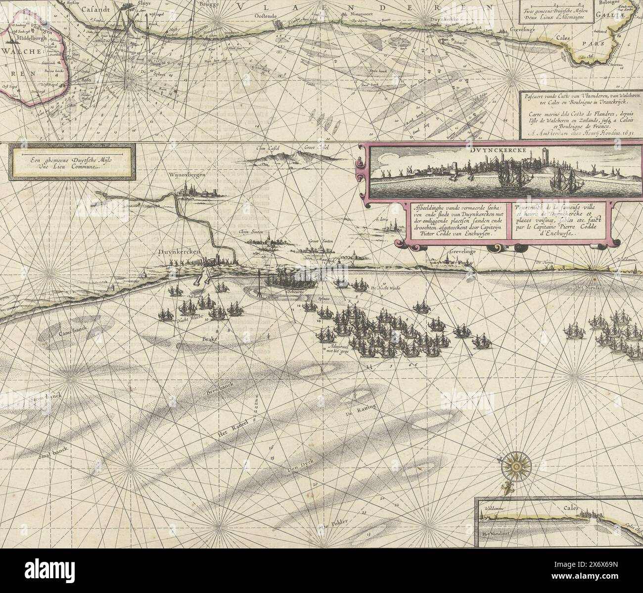 Karte der Küste bei Dunkirk und der flämischen Küste von Walcheren bis Boulogne, 1631, Pascaert vande Custe van Vlaenderen, von Walcheren bis Cales und Bouloigne in Vranckrijck, Carte Marine dela Coste de Flandres, depuis l'isle de Walcheren en Zeelande, jusq. Ein Blatt von Calais et Bouloigne de France (Titel auf Objekt) mit zwei Karten. Die Hauptdarstellung ist eine Karte der Küste bei Dünkirchen mit den Flotten von Schiffen, die den Eingang zum Hafen vor dem Segeln von Freibeutern schützen. Die spanische Flotte in der Scheurtje. Ebenfalls enthalten ist ein Profil der Stadt, vom Meer aus gesehen. Bei Stockfoto