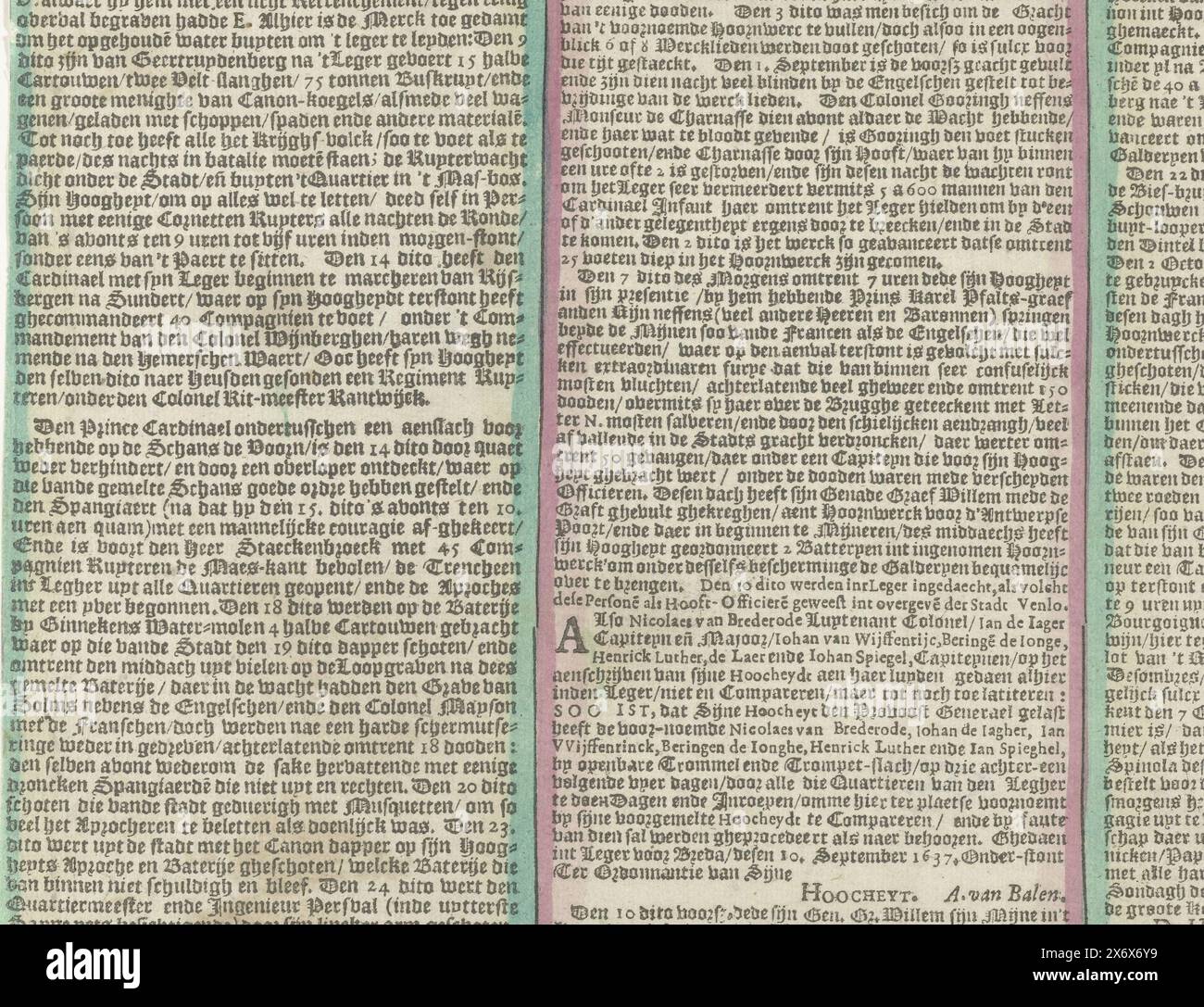 Textseite für die Karte der Belagerung von Breda (rechte Hälfte), 1637, neueste korrigierte und verbesserte Karte von Breda, mit einer kurzen und prägnanten Geschichte der Stadt, ihrer Geschichte, Erfahrungen, und die Veränderungen, die sich aufgrund der Holländischen Kriege ereigneten (Titel auf Objekt), Textblatt zur Karte der Belagerung von Breda durch die Staatsarmee unter Frederik Hendrick, 23. Juli bis 10. Oktober 1637. Textblatt (rechte Hälfte) mit einer Beschreibung der Ereignisse in 3 langen Spalten. Textblatt, Verlag: Claes Jansz. Visscher (II), (zum Gegenstand erwähnt), Amsterdam, 1637, Papier, Buchdruck, Höhe, 186 mm x Breite, 245 mm Stockfoto