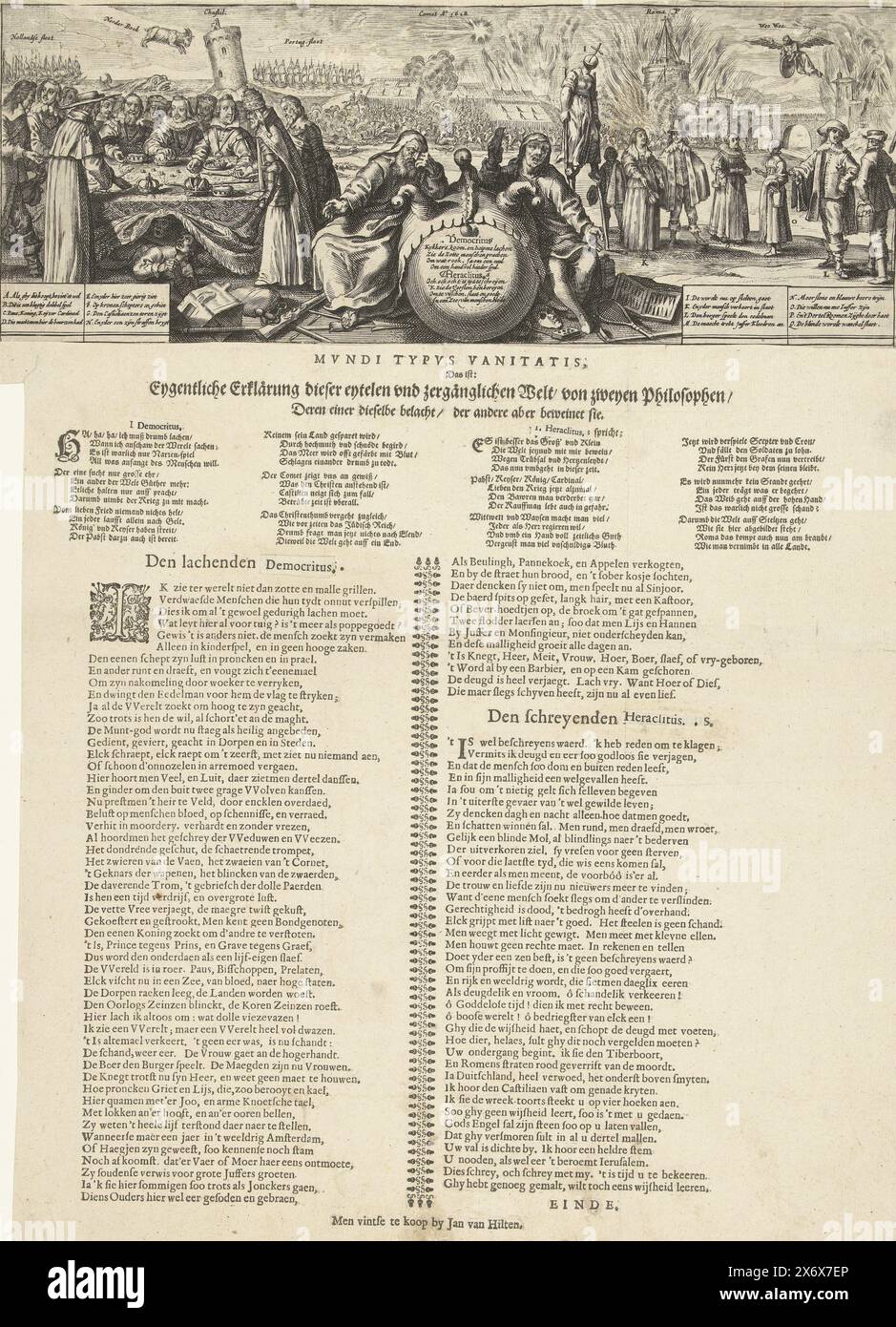 Allegory on the State of the World, ca. 1645, Mundi Typus Vantatis, das ist Eygentliche Erklärung dieser eytelen und zergängliuchen Welt/ von Zweyen Philosophen, Deren einer dieselbelacht, der alles aber beweinet sie, Blatt mit Ausschnitt oben und einer allegorischen Darstellung über den Zustand der Welt, ca. 1645. Auf der linken Seite würfeln die weltlichen und geistlichen Fürsten das Schicksal des Bürgers und Bauern. Auf der rechten Seite befinden sich die Bürger und die Welt in Aufruhr. In den Kriegen zu Land und Meer, am Himmel die Reiter der Apokalypse und der Komet von Stockfoto