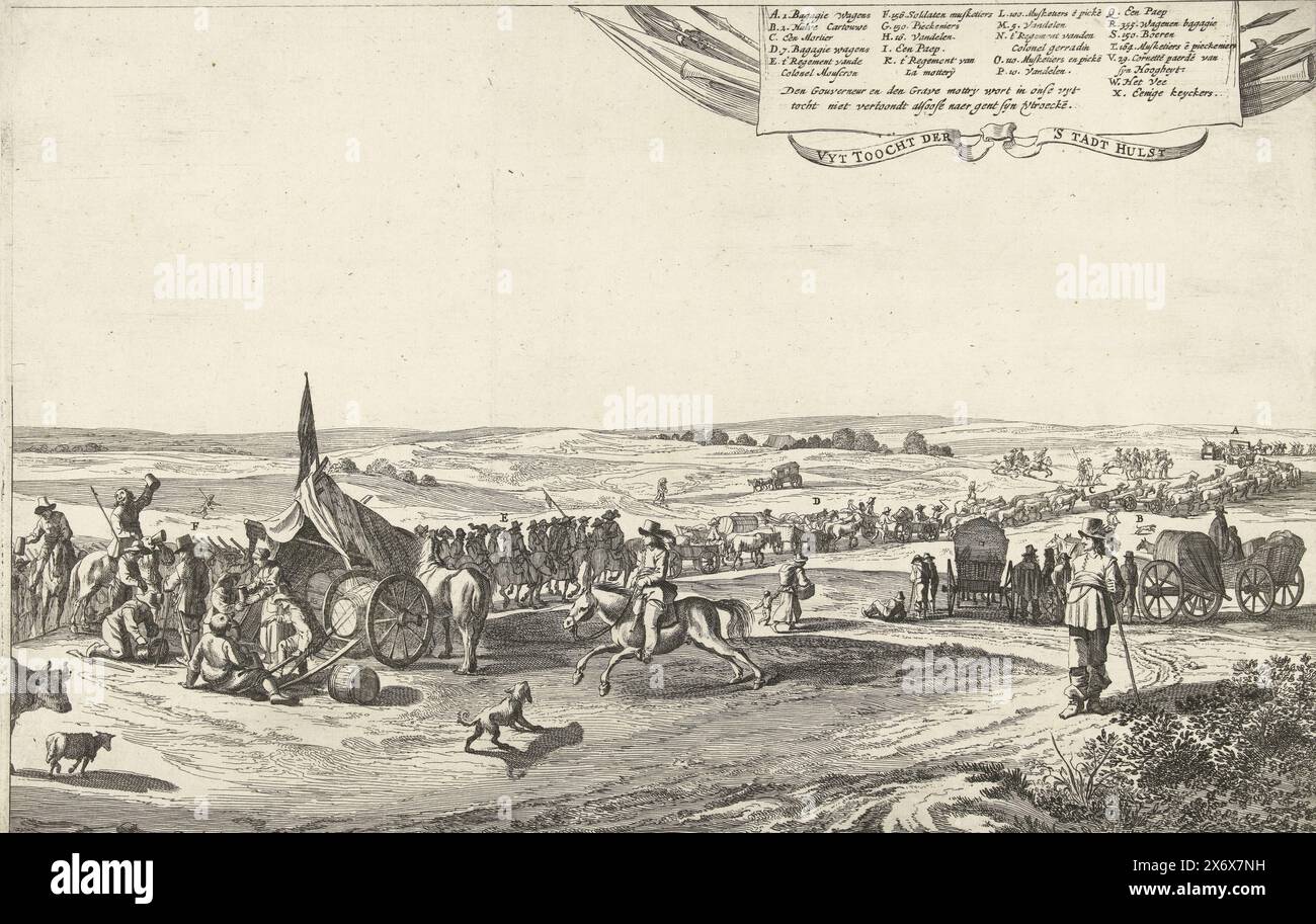 Exodus der spanischen Garnison aus Hulst (rechte Seite), 1645, UYT Toocht der Stadt Hulst (Titel über Objekt), Exodus der spanischen Garnison aus Hulst (rechte Seite), 1645. Hulst wurde am 28. September von der niederländischen Armee unter Frederik Hendrik belagert und am 5. November 1645 eingenommen. Rechte Seite in einer Darstellung, die aus zwei Seiten besteht. Links im Vordergrund stehen Soldaten, die in der Nähe eines Zeltes trinken. In der Prozession Fußsoldaten, Reiter und Güterwagen. Oben eine Kartusche mit der Legende A-X., Druck, Druckerei: Pieter Nolpe, Verlag: Rombout van den Hoeye, (auf dem Objekt erwähnt) Stockfoto