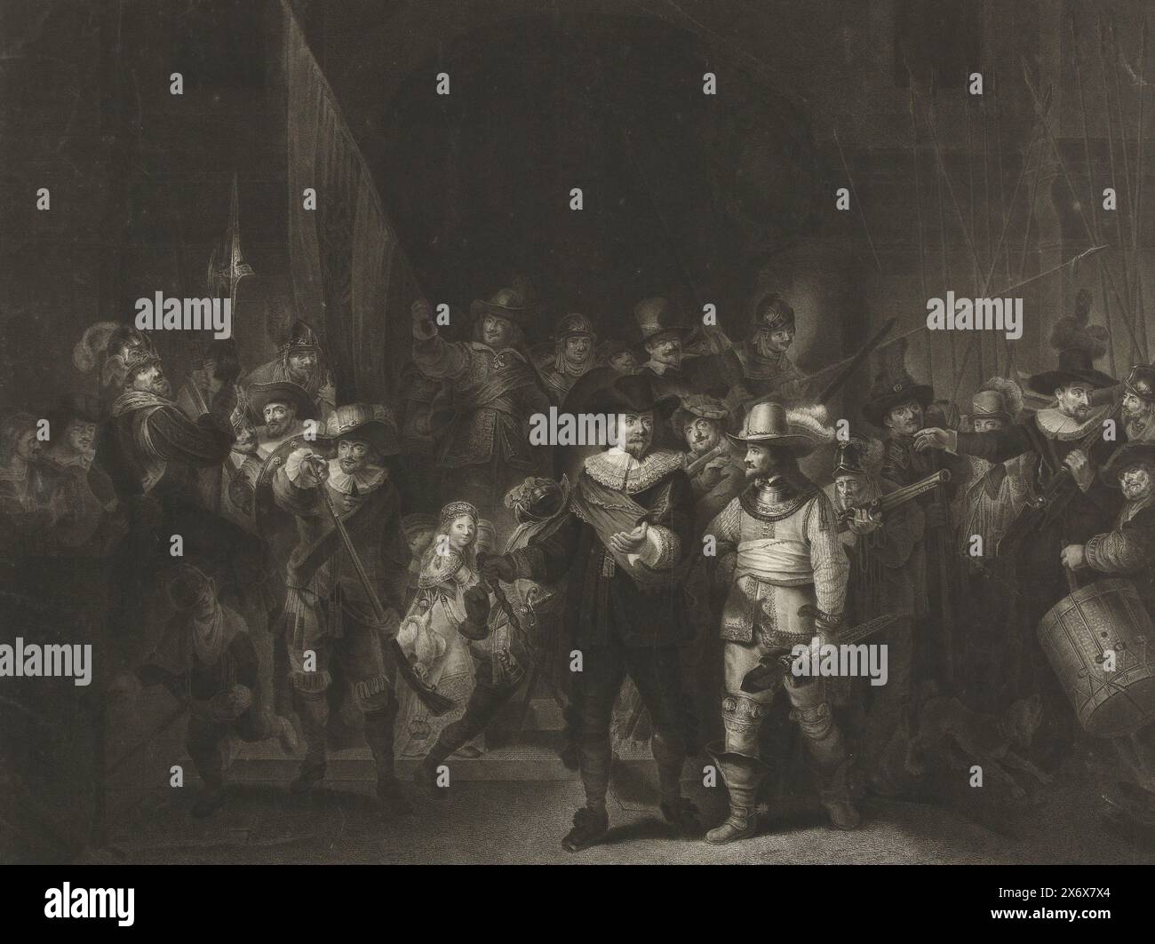 Die Nachtwache von Rembrandt, 1642, Amsterdamsche bewaffnete Bourgeoisie 1642, Bourgeoisie armée d’Amsterdam 1642 (Titel auf Objekt), das Gemälde der Korporalität von Kapitän Frans Banninck Cocq und Leutnant Willem van Ruytenburch, bekannt als die 'Nachtwache', gemalt von Rembrandt im Jahr 1642. Vor den Namen der Offiziere und Schützen., Druck, Druckerei: Lambertus Antonius Claessens, (auf dem Gegenstand erwähnt), nach Malerei von Rembrandt van Rijn, (auf dem Gegenstand erwähnt), Niederlande, 1797, Papier, Ätzen, Höhe, 562 mm x Breite, 663 mm Stockfoto