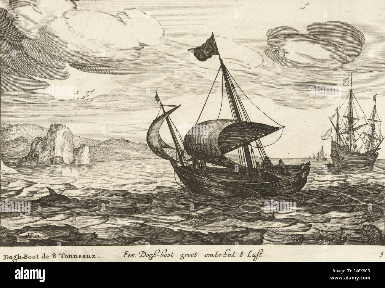 Dogger oder Dogboot, Ein Dogh-Boot groß ca. 8 Letzte, Dogh-Boot de 8 Tonneaux (Titel auf Objekt), niederländische Schiffstypen, 1627 (Serientitel), diverse Navires Don't se sert dans les Provinces Unies, Icones Variarum Navium Hollandicarum quarum usus maximè in aquis interioribus regionis (Serientitel auf Objekt), ein Dogger oder Hundeschlittenboot auf dem Wasser. Drucknr 9 in einer Druckserie niederländischer Schiffstypen, 1627. ., Druck, Druckerei: Robert de Baudous, (möglicherweise), nach Entwurf von: Jan Porcellis, (auf dem Objekt erwähnt), Verlag: Bernardus Kleynhens, Druckerei: Nord-Niederlande, Verlag: Haarlem, 1627 Stockfoto