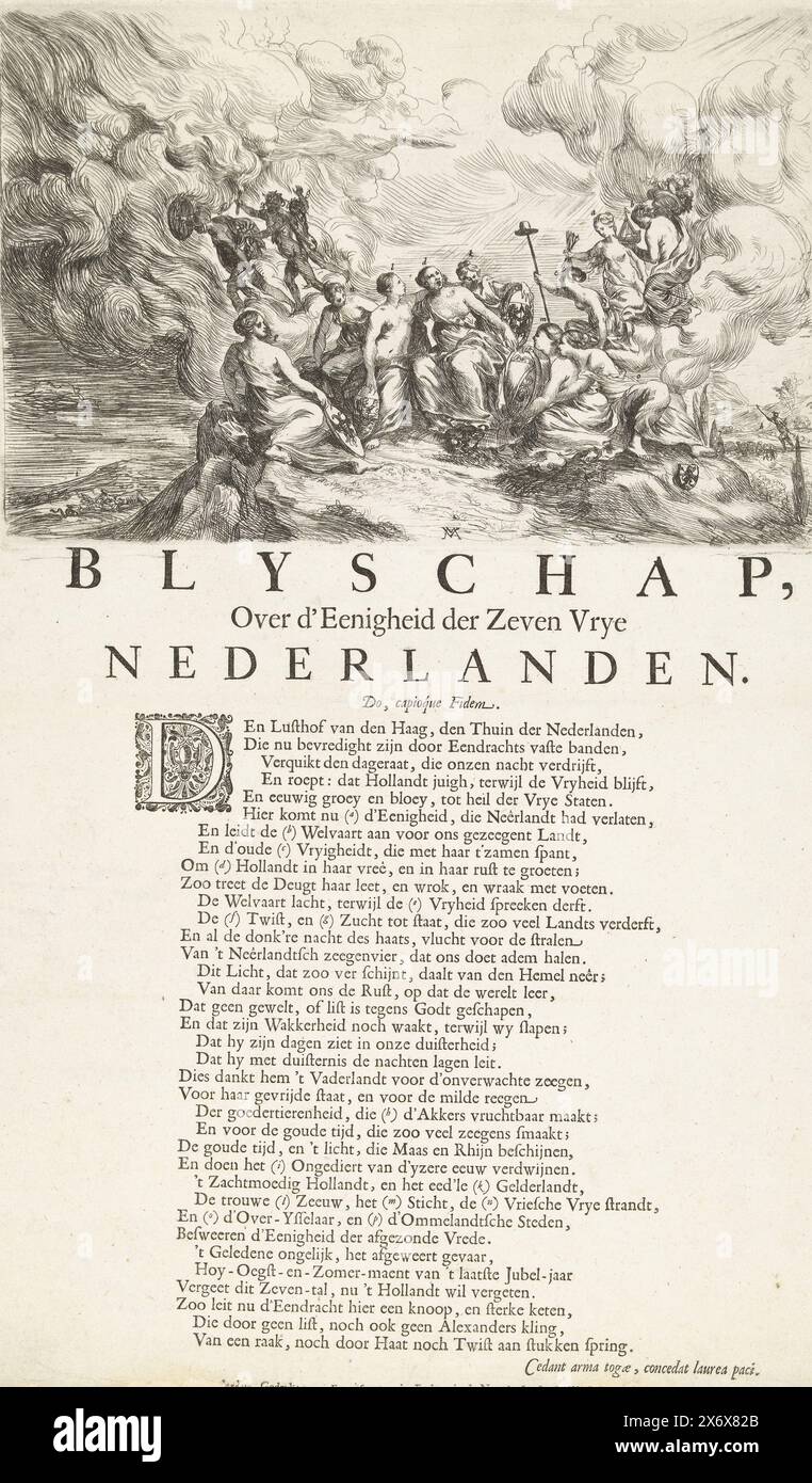 Allegory on the First Great Meeting, 1651, Blyschap, over d'Eenheid der Zeven Vrye Nederlanden (Titel zum Gegenstand), Allegory on the United, das auf dem ersten Großen Treffen der Generalstaaten vom 18. Bis 21. Januar im Ridderzaal erreicht wurde, 1651 fand nach dem Tod von Prinz Willem II. am 6. November 1650 ein Treffen statt. Auf einem Hügel (dem Lusthof von den Haag) werden Freiheit und Wohlstand von Eendracht zu den sieben Provinzjungfrauen geführt. Twist und Staatszoek flüchtet nach links. Ein Vers von 36 Zeilen wird auf der Seite unter der Platte gedruckt., Druck, Druckerei: Aert Maes, (zugeschrieben), nach Entwurf von Stockfoto