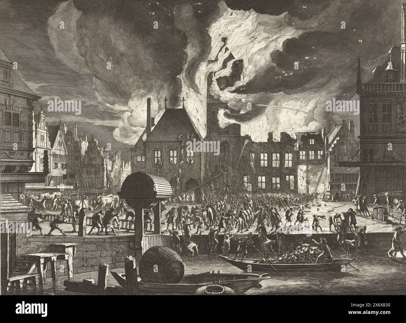 Das Feuer im Alten Rathaus von Amsterdam, 1652, Bild des Feuers des Alten Rathauses von Amsterdam: es brannte am 7. Juli 1652 (...) nieder, Figur repräsentativ für den Vorfall des Vielle Maison de Ville d’Amsterdam, qui brula entierement le 7 juillet 1652 (...) (Titel zum Objekt), der Brand im Alten Rathaus von Amsterdam und einigen angrenzenden Gebäuden am 7. Juli 1652. Um die alte und neue Art, einen Brand zu löschen, zu veranschaulichen. Links wird versucht, das Feuer mit Eimern und Leitern zu löschen, rechts wird das Feuer mit Löschschläuchen bekämpft. Mit vierzeiliger Beschriftung in Stockfoto