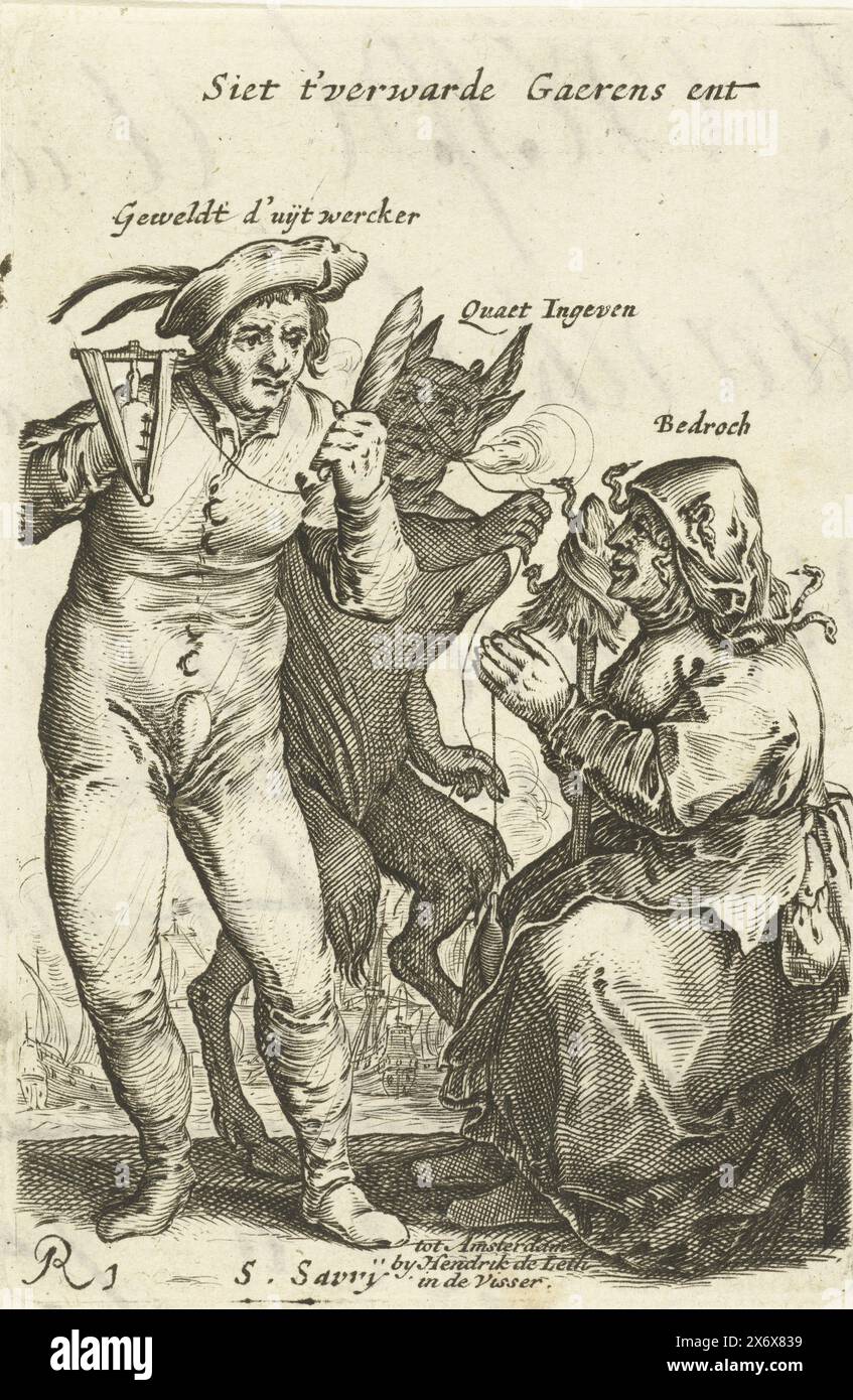 The Devil Confuses the Garn, 1652, Siet t’ Confused Gaerens ent (Titel über Objekt), Personen, die durch den Ersten Englischen Krieg unglücklich gemacht wurden, The Devil Confuses the Garn, 1652. Eine sitzende Frau spinnt Garn, das von einem Mann aus einer Spule gesponnen wird. Eine Rolle ist gewunden, hinter ihm steht der Teufel, der das Garn zieht und es verwickelt und das Böse im Mann anregt. Die Frau mit Schlangen im Haar wird hier als Täuschung bezeichnet. Handschrift auf der Rückseite. Teil einer Serie von Kopien nach Drucken von Bettlern und Bauern, die auch mehrere unglückliche Figuren aus dem Ersten Englischen Krieg, ca. 1652-1654., Druck, Druck Stockfoto