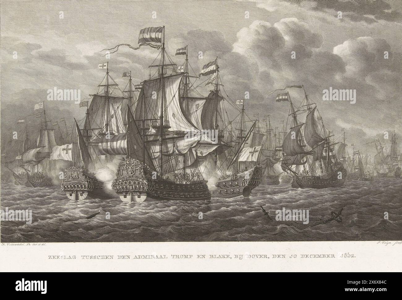 Schlacht von Dungeness zwischen der niederländischen Flotte unter Tromp und der englischen Flotte unter Blake, 1652, Zeelsschen zwischen Admiral Tromp und Blake, bei Dover, 10. Dezember 1652 (Titel auf Objekt), Schlacht von Dungeness (Schlacht der Singels) für die englische Küste bei Dover im Ersten Englischen Krieg zwischen der niederländischen Flotte unter Maarten Tromp und der englischen Flotte unter Robert Blake am 10. Dezember 1652. Im Zentrum der Schlacht von Tromps Admiralschiff Brederode mit den englischen Schiffen Bonaventure und Rozenkans. Von rechts kommt Vizeadmiral Johan Evertsens Schiff zur Rettung. A Stockfoto