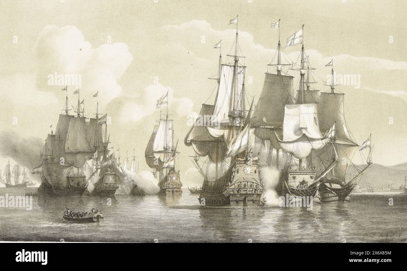 Marineschlacht von Livorno, 1653, Marineschlacht von Livorno. Am 14. März 1653 wurde die Marinepresès de Livorne gekämpft. 14. März 1653, Schlacht von Livorno im Ersten Englischen Krieg zwischen der niederländischen Flotte unter Johan van Galen und Cornelis Tromp und der englischen Flotte unter Henry Appleton und Richard Badiley, 14. März 1653. Auf der linken Seite heißt das Schiff Maen van C. Trump. Rechts das niederländische Schiff namens der Sohn., Druck, Druckerei: Petrus Johannes Schotel, (auf dem Gegenstand erwähnt), nach Zeichnung von Petrus Johannes Schotel, (auf dem Gegenstand erwähnt), Drucker: Ruurt de Vries, (auf dem Gegenstand erwähnt) Stockfoto