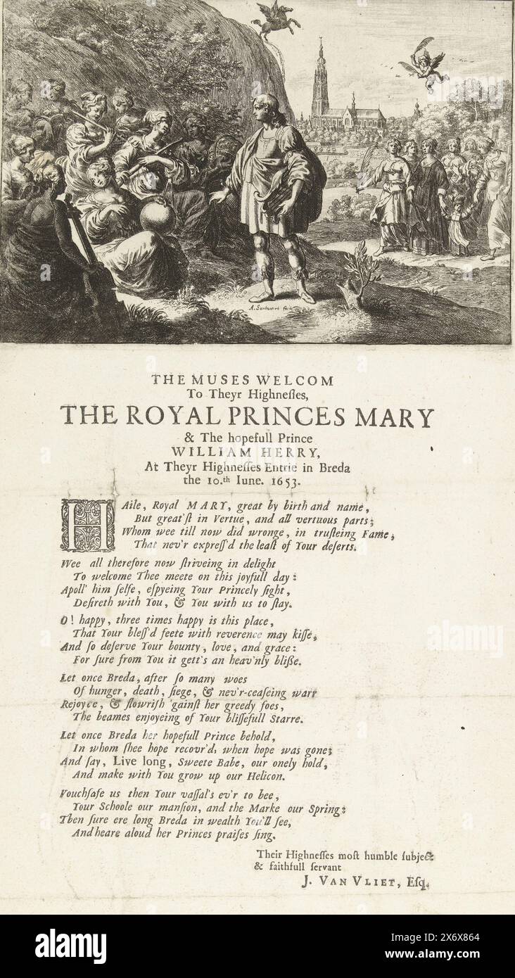 Apollo und die Musen begrüßen Prinzessin Mary mit ihrem Sohn Willem III. Zu ihrem Besuch in Breda, 1653, die Musen heißen Theyr Hoheiten, die Königlichen Prinzen Mary und den Hoffnungsträger Prinz William Herry, bei Theyr Hoheiten Entrie in Breda, 10. Juni 1653 (Titel auf Objekt), Apollo und die Musen begrüßen Prinzessin Maria Henrietta, die Breda mit ihrem Sohn Willem III. am 10. Juni 1653 besucht. Im Hintergrund die große Kirche von Breda. Unten ist ein Gedicht in 6 Versen auf Englisch., Druck, Druckerei: Abraham Dircksz. Santvoort, (zum Gegenstand erwähnt), Jan van Vliet, (zum Gegenstand erwähnt), Breda, (möglicherweise), 1653 Stockfoto