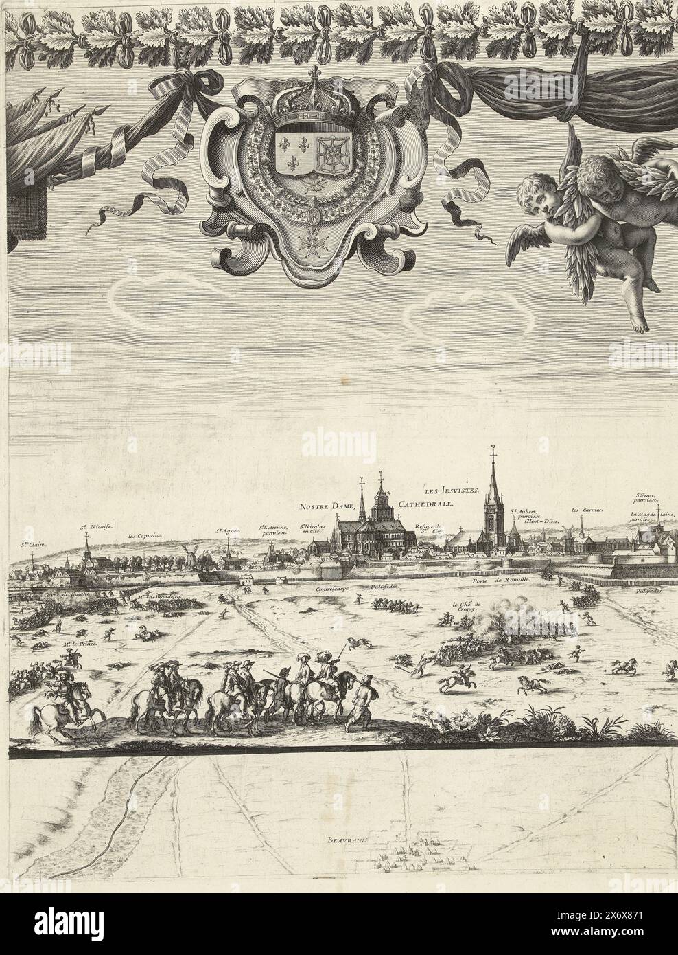 Relief von Arras, belagert von den Spaniern (obere Reihe, Platte 2), 1654, Le Belagerung d’Arras leve par la Niederlage des ennemis 1654 (Titel auf Objekt), Relief der Stadt Arras (Atrecht), belagert von den Spaniern, 23.-25. August 1654. Arras wurde von der französischen Armee unter Marschall Turenne von der Belagerung durch die Spanier unter Louis de Condé und Erzherzog Leopold Wilhelm befreit. Zweites Blatt in der obersten Zeile. Über einem Wappen und Putti, unter einem Teil des Stadtprofils und der Karte der Belagerung. Teil eines unbearbeiteten Ganzen, bestehend aus einer Titelseite und einer großen Szene auf 15 Platten (die Halbplatte bei Stockfoto