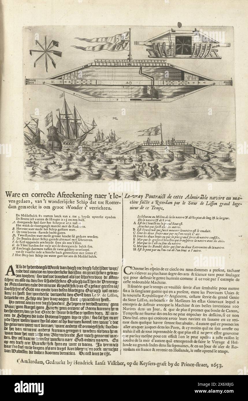 Das verrückte Schiff von Rotterdam, 1653, wahre und korrekte Zeichnung nach dem Leben, von dem wunderbaren Schiff, das in Rotterdam gebaut wurde, um ein großes Wunder zu vollbringen (Titel auf Objekt), Le-vray Poutraict de cette bewundernswerte navire ou Machine Faicte a Rotterdam par le Sieur de Lisson Grand Ingenieur de ce Temps (Titel zum Objekt), das dumme oder wundervolle Schiff von Rotterdam, entworfen von Jean Duson (hier als „le Sieur de Lisson“ erwähnt), 1653. An Bord eines diamantförmigen Holzschiffs mit einem Schaufelrad oder einer Schraube in der Mitte. Mit einem Querschnitt und einer Darstellung, wie das Schiff andere Schiffe auf See rammt und senkt Stockfoto