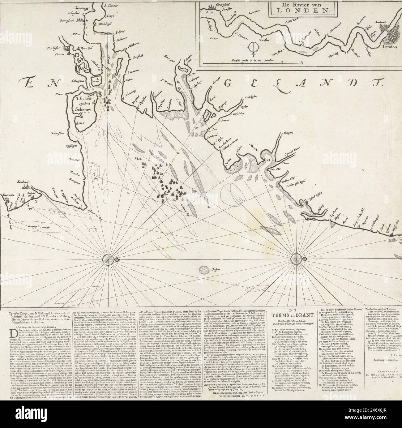 Karte der Mündung der Themse mit der Reise nach Chatham, 1667, Karte der Mündung der Themse mit der Reise nach Chatham durch die niederländische Flotte unter Admiral de Ruyter, 20-23. Juni 1667. Unter dem Schild in 4 Spalten ist ein Brief von Admiral Willem van Gent an Bord der Agatha an die Admiralität von Amsterdam gedruckt, der den Verlauf der Schlacht beschreibt. Hier ist ein Vers über den Sieg in 3 Spalten., Druck, Druckerei: Anonym, Willem Joseph Baron van Gendt, (auf Objekt erwähnt), Jan Antonides van der Goes, (auf Objekt erwähnt), Druckerei: Nordholland Stockfoto