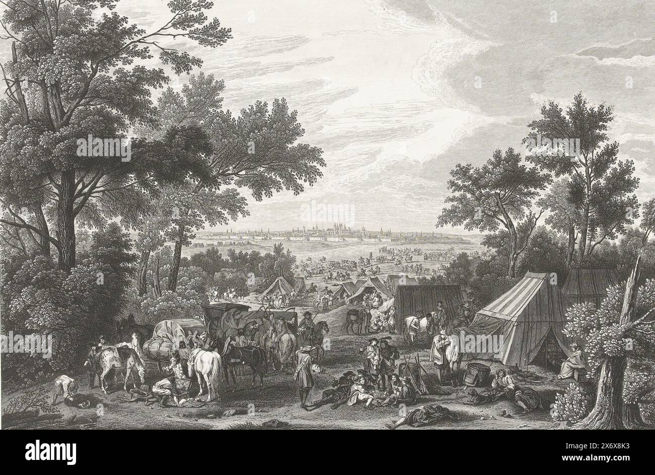 Die französische Armee vor Tournai, 1667, L'Armée du Roy Campée devant Tournay, Juin 1667 (Titel auf Objekt), die französische Armee der Louis Zelte, in der Ferne das Profil der Stadt., Druck, Druckerei: Jean Desaulx, (erwähnt auf Objekt), nach Malerei von: Adam Frans van der Meulen, (zum Gegenstand erwähnt), nach Zeichnung von Aubert & Cie., (zum Gegenstand erwähnt), Frankreich, 1835, Ätzen, Höhe, 300 mm x Breite, 403 mm Stockfoto