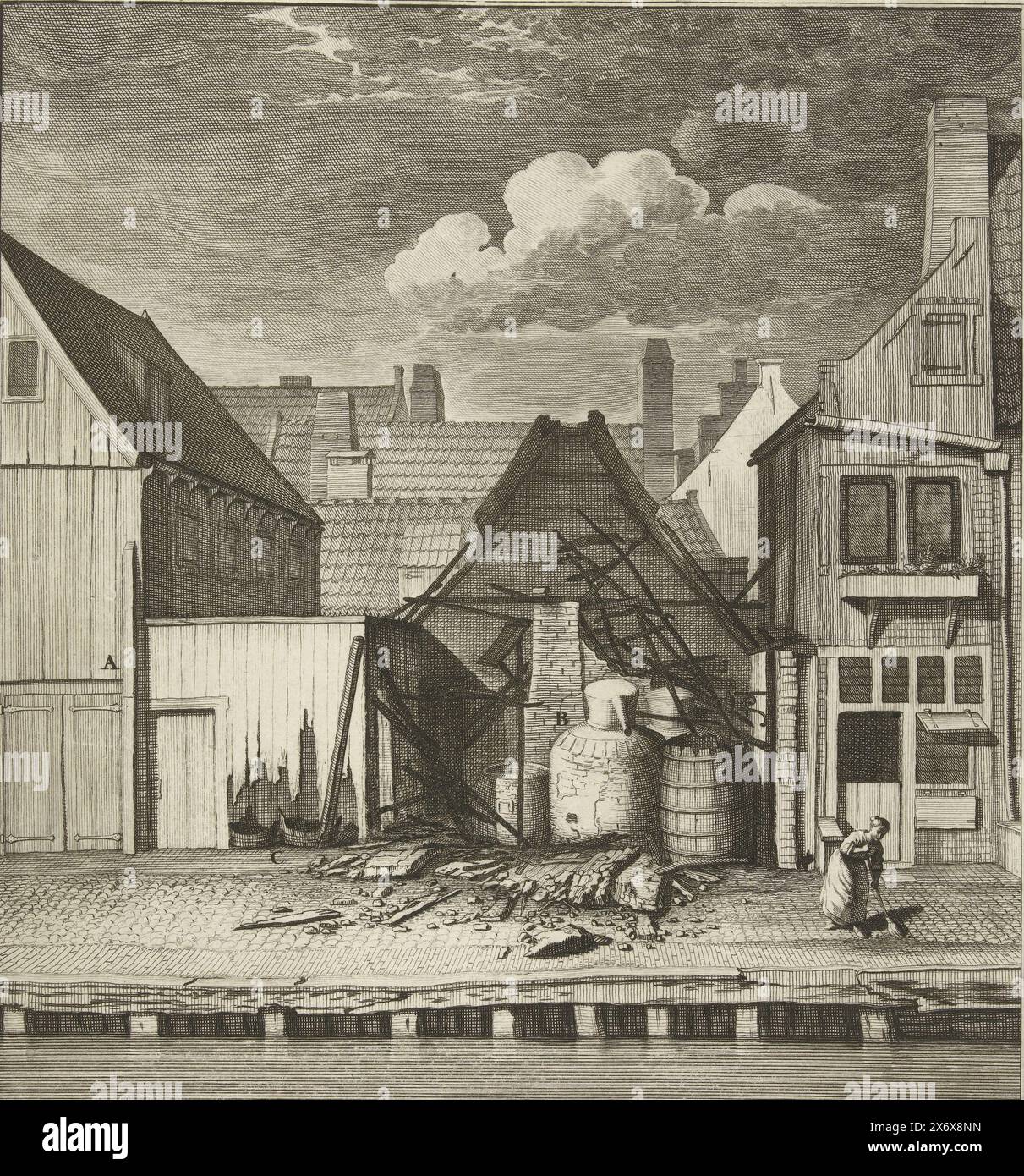 Ruine eines halb verbrannten Terpentin-Ölbrenners auf der Passeerdersgracht, 1683, Bild eines Terpentin-Ölbrenners und seines mit Terpentin beschichteten Lagerhauses auf dem Passeerders-Grab, das am 17. Dezember 1683 entzündet und gelöscht wurde, Abbildung d'une maison über das Leben des Terebentins, mit dem Magazin, die Lage des Passantengrabes, nach dem ersten Tod des 17. Dezember 1683 (Titel zum Objekt), Ruine eines am 17. Dezember 1683 halb verbrannten Terpentin-Ölbrenners auf der Passeerdersgracht in Amsterdam. Mit vierzeiliger Unterschrift auf Niederländisch und Französisch. Platte 15 im Feuersprühbuch Stockfoto