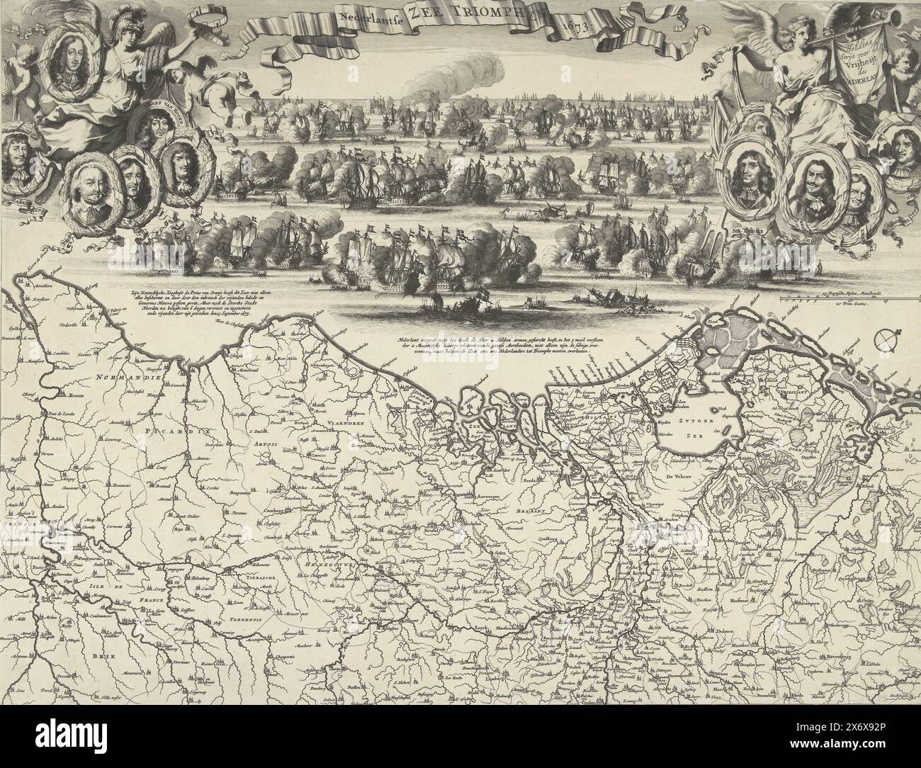 1673 triumphiert die niederländische Marine, Nederlantse Zee Triomphen 1673 (Titel auf Objekt), Blatt mit einer Karte der Niederlande und der Nordseeküste bis Le Havre kombiniert mit Darstellungen der drei Seeschlachten aus dem Dritten Englischen Krieg: die ersten beiden Seeschlachten vor der Küste Zeelands auf der Schoonevelt-Ebene am 7. und 14. Juni und die Schlacht von Kijkduin am 21. August zwischen der Flotte der Republik unter de Ruyter und der englischen und französischen Flotte unter Prinz Rupert und Graf Jean d’Estrées. Oben links der Sieg mit Medaillons mit Porträts von Willem III., Rabenhaupt Stockfoto