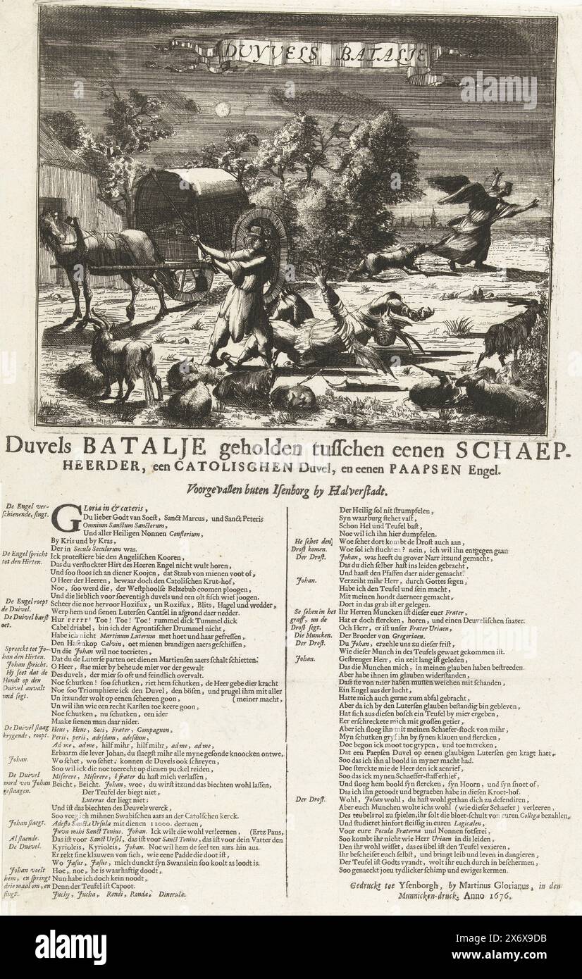 Der Kampf des Teufels, 1676, Duyvels Batalje (Titel auf Objekt), Duvels Batalje zwischen einem Schaepheerder, einem katholischen Duvel und einem Papistenengel (Titel auf Objekt), antikatholischer Zeichentrickfilm. Ein lutherischer Schäferhund Johan tötet einen Mönch, der als Teufel verkleidet ist, und verjagt den Engel, 1676. Nachtszene mit einem Hirten, der mit seinem Stab einen als Teufel verkleideten Mann niederschlägt, rechts wird ein Engel vom Schäferhund verjagt. Der Bildunterschrift zufolge fand sie außerhalb von Isenborg bei Halverstadt (Halberstadt) statt. Der Druck kann als Allegorie in Bezug auf den Amsterdamer lutherischen Priester interpretiert werden Stockfoto