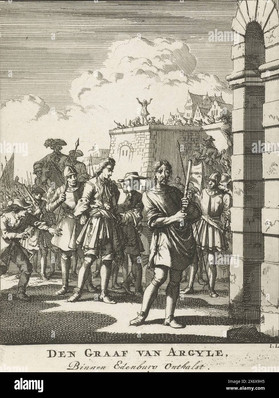 Hinrichtung des Earl of Argyll, 1685, des Earl of Argyle, in Edenburg Onthalst (Titel auf Objekt), Vorbereitung auf die Enthauptung von Archibald Campbell, Second Marquess und neunten Earl of Argyll am 30. Juni 1685 in Edinburgh. Der Earl of Argyll führte zusammen den Herzog von Monmouth eine Rebellion gegen den katholischen König James., Druck, Druckerei: Jan Luyken, (auf dem Objekt erwähnt), Nordholland, 1689, Papier, Ätzen, Höhe, 182 mm x Breite, 140 mm Stockfoto