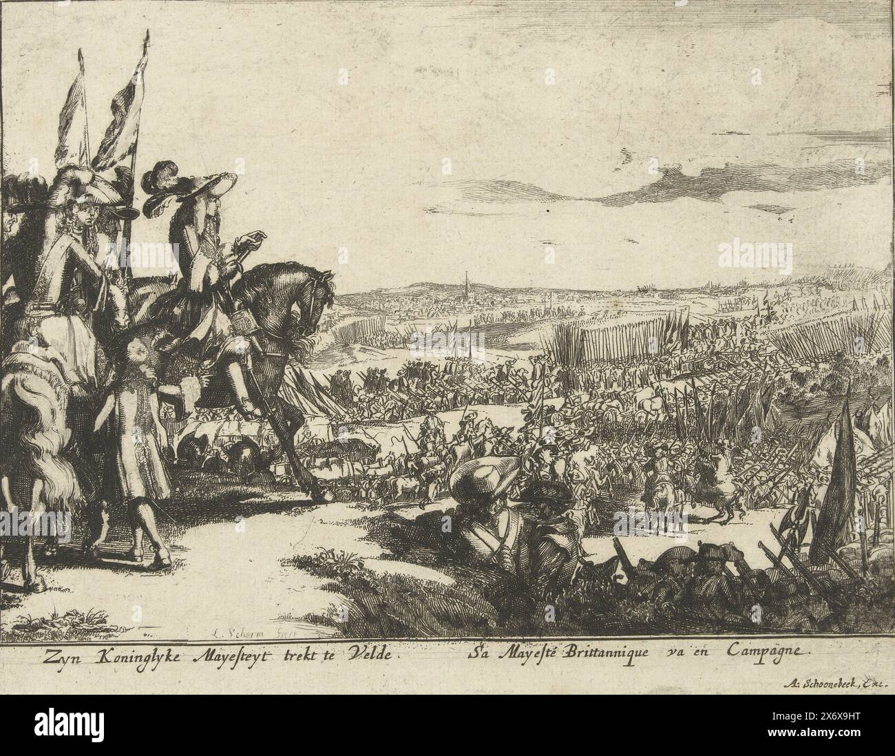 König Willem III. Geht in den Krieg, 1691, sein Koninglyke Mayesteyt Goes to Velde (Titel auf Objekt), Englands Bühne, auf der die wichtigsten Ereignisse in Irland vom Jahr 1690 bis zur Schlacht von S:K dargestellt werden: Mayesteit of Great Britain 1691 (Titel auf Objekt), König Wilhelm III. Geht in den Krieg, 1691. Der König überwacht die heranrückende Armee zu Pferd. Platte Nr. 20 in der Serie „England Theater“ über den Krieg zwischen Wilhelm III. Und Jakob II. In den Jahren 1690-1691 nach der glorreichen Revolution (dritter Teil). Mit Untertiteln in Niederländisch und Französisch., Druck, Druckerei: Laurens Scherm, (erwähnt auf dem Objekt Stockfoto