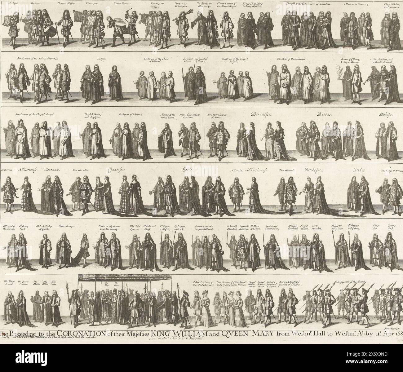 Prozession mit Wilhelm III. Und Maria zur Krönung in der Westminster Abbey, 1689, der Prozeß zur Krönung ihrer Majestäten König Wilhelm und Königin Mary aus Westmr. Halle nach Westmr. Abby 11. April 1689 (Titel zum Objekt), Prozession mit Prinz Wilhelm III. Und Prinzessin Maria II. Stuart von Westminster Hall zur Krönungszeremonie in Westminster Abbey, 21. April 1689. Die Prozession ist in sechs Reihen dargestellt, alle Figuren haben ihren Titel oder ihre Position angegeben., Druck, Druckerei: Samuel Moore, (auf dem Objekt erwähnt), Verlag: Christopher Brown, (auf dem Objekt erwähnt), Drucker: Norfolke Stockfoto
