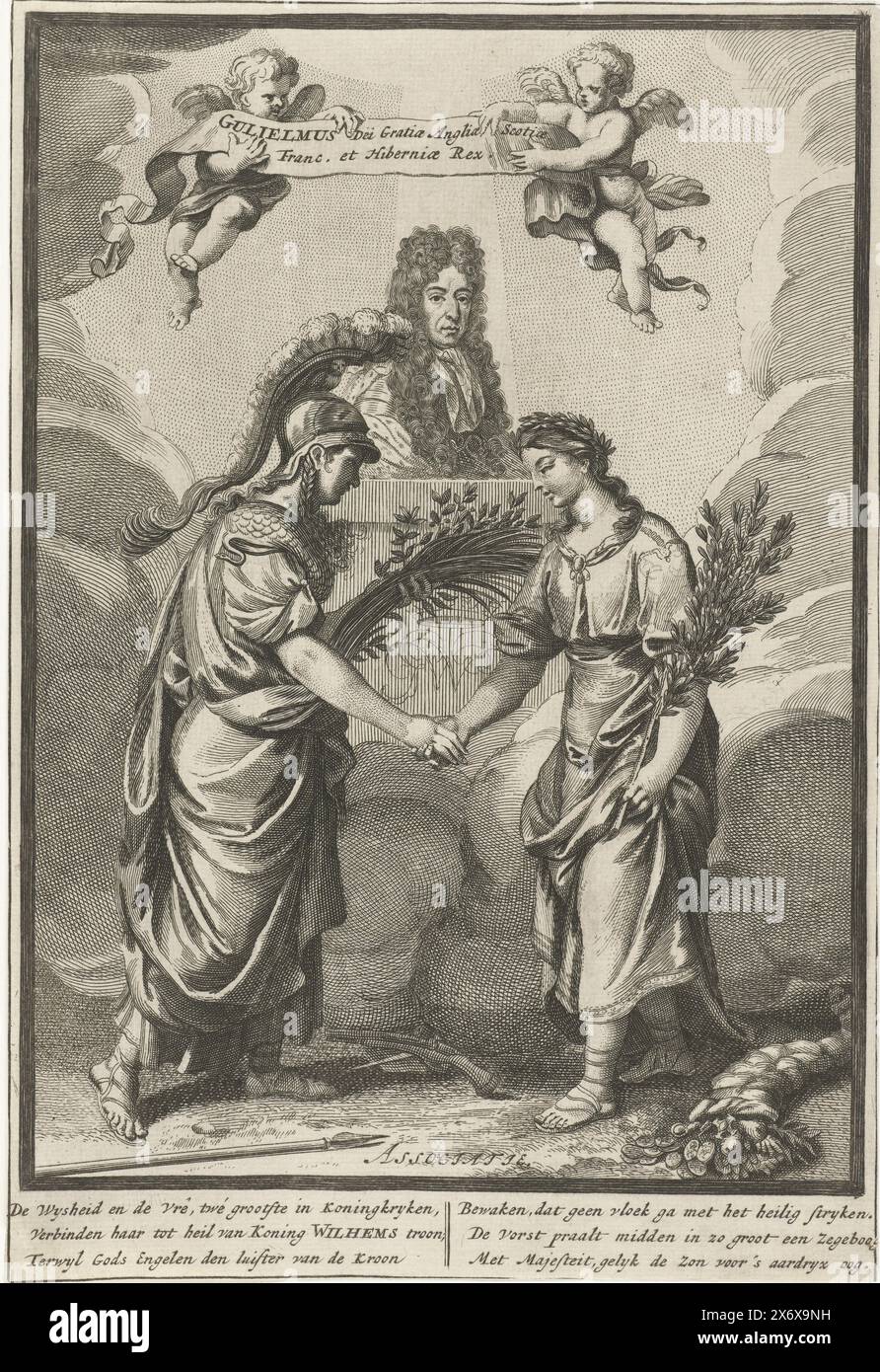 Wilhelm III. Mit dem Bündnis zwischen Weisheit und Frieden (1689) leitet König Willem III. Den Bündnis zwischen Weisheit und Frieden (1689). Mit sechszeiliger Unterschrift., Print, Print Maker: Anonym, Print Maker: Pieter van den Berge, (möglicherweise), Nordholland, 1689, Papier, Ätzen, Gravieren, Höhe, 249 mm x Breite, 169 mm Stockfoto