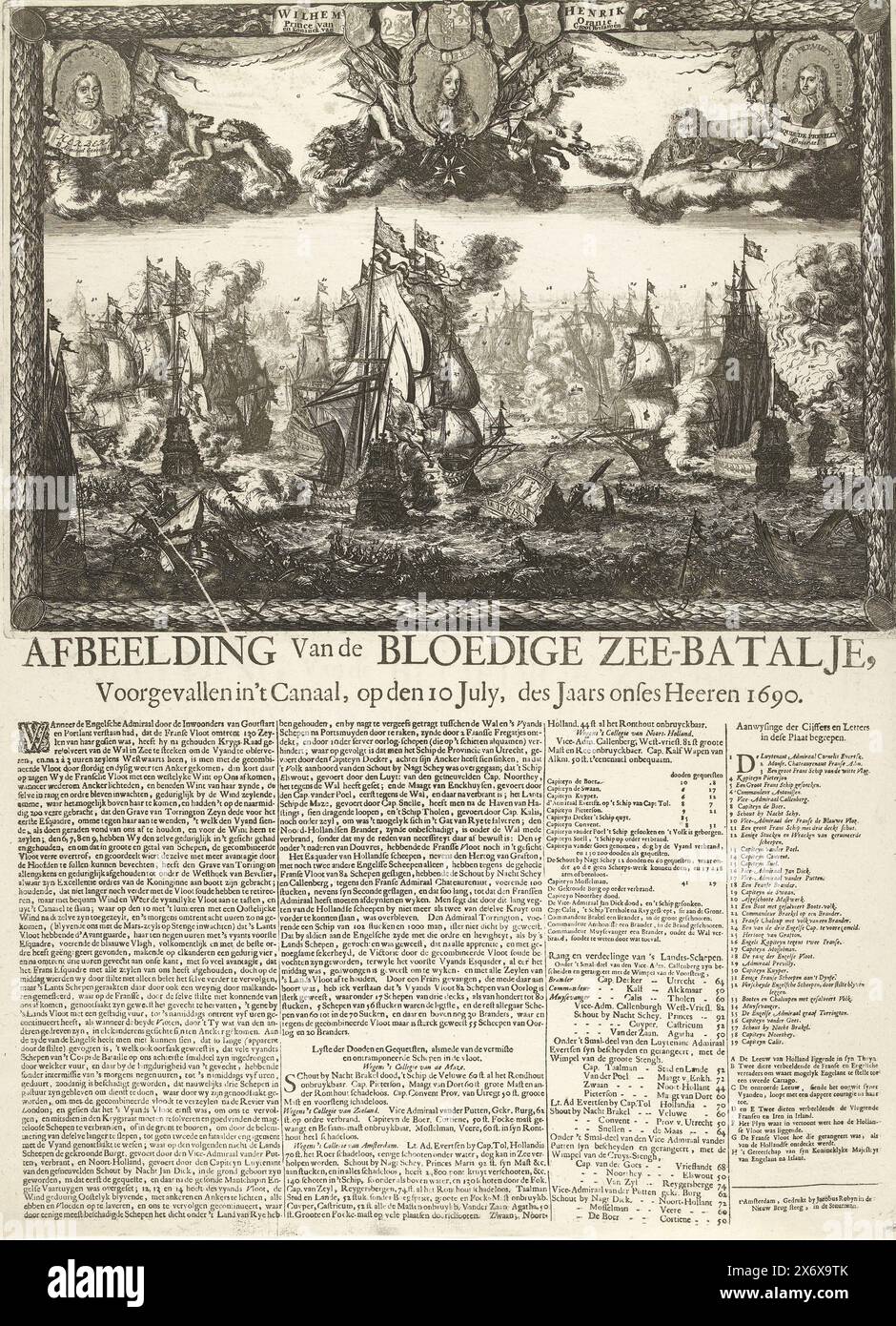 Seeschlacht bei Beachy Head, 1690, Bild des Bloody Sea Battalion, Ereignisse im Kanal, am 10. Juli des Jahres Our Lords 1690 (Titel auf Objekt), Seeschlacht bei Beachy Head (bei Béveziers), in der eine englische und niederländische Flotte von den Franzosen besiegt wird, Juli 1690. An den oberen Porträts von König Wilhelm III., links der englische Admiral Lord Herbert und rechts der französische Admiral. Im Druck wird dieser Admiral als Marquis de Previlly bezeichnet, wahrscheinlich als Marquis de Châteaurenault oder Anne-Hilarion de Tourville. Auf dem Blatt unter der Platte befindet sich ein Stockfoto