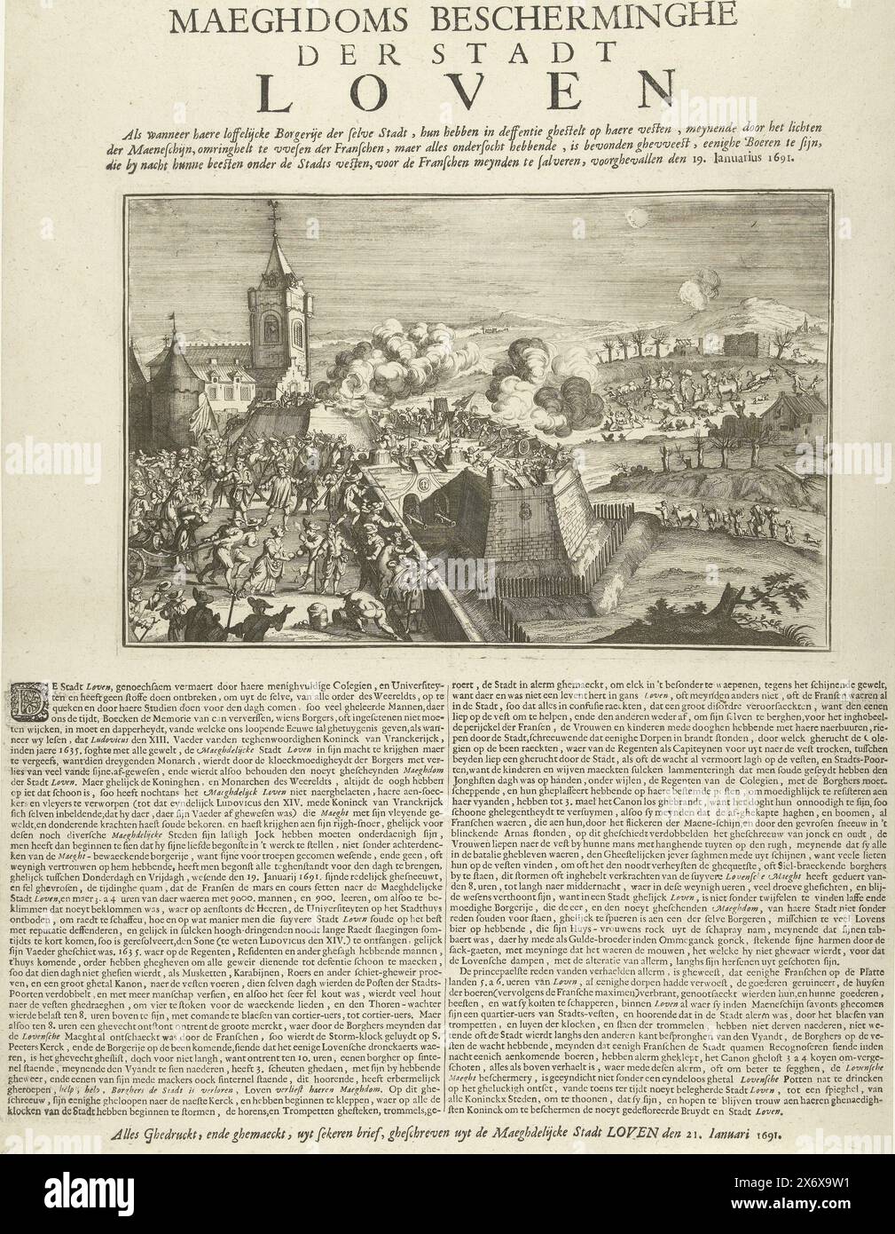 Cartoon on the Leuven Cow Shooter, 1691, Maeghdoms Bescherminghe der stadt Loven (Titel auf Objekt), Cartoon on the Leuven Cow Shooter. Beim Abendalarm stürmt die Bevölkerung von Leuven zu den Stadtmauern, in der Annahme, dass sich die französische Armee nähert. Kanonen schießen auf den vermeintlichen Feind, der sich herausstellt, dass er nur aus Bauern mit ihren Kühen besteht, 19. Januar 1691. Unter dem Schild eine Beschreibung in 2 Spalten., Print, Print Maker: Anonym, Publisher: Anonym, (auf Objekt erwähnt), Druckerei: Low Countries, Verlag: Louvain, 1691, Papier, Ätzen, Buchdruck, Höhe, 518 Stockfoto