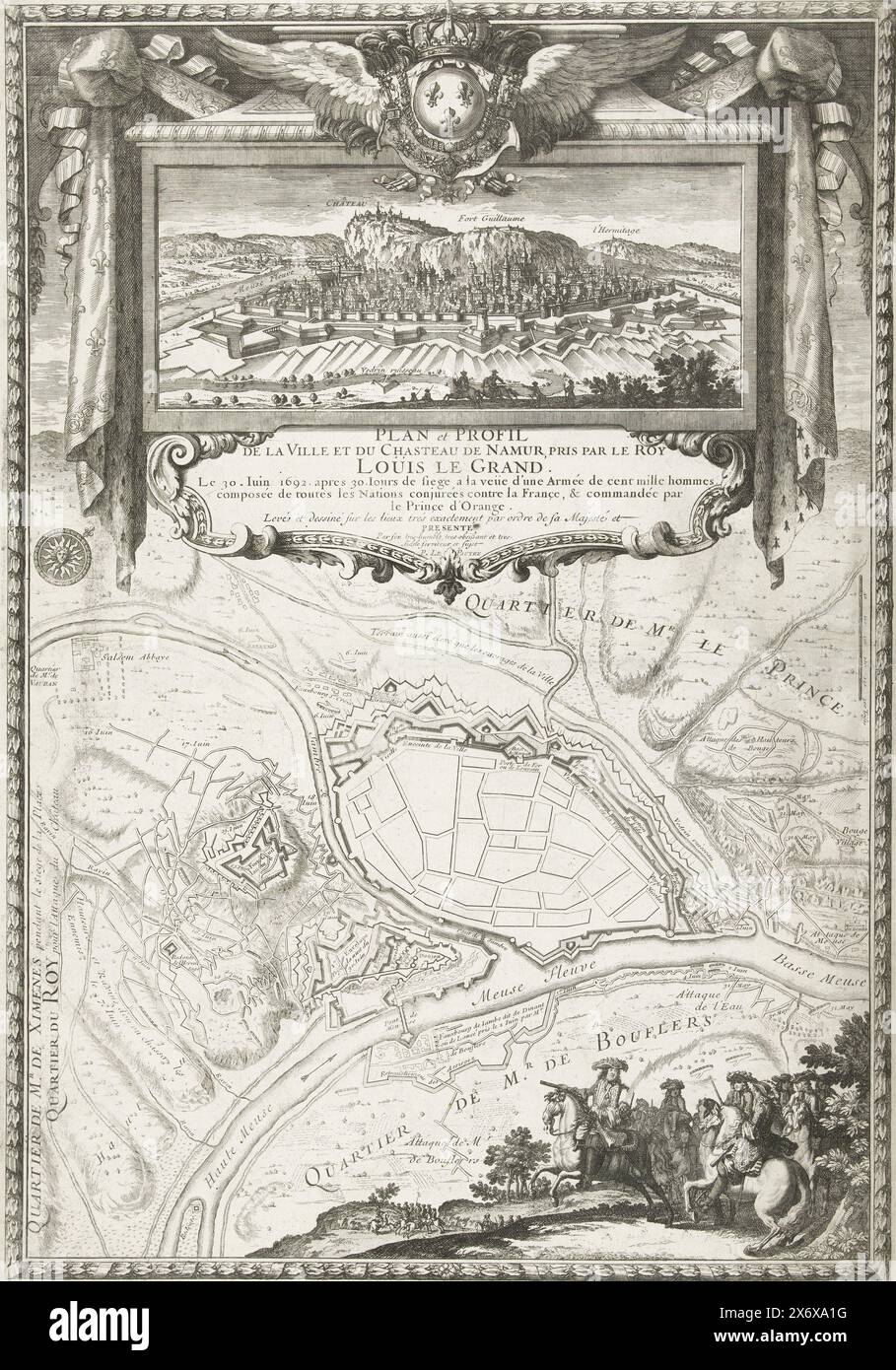 Karte der Stadt Namur mit der Burg, belagert und von der französischen Armee erobert, 1692, Plan et Profile de la ville et du chasteau de Namur, pris par le Roy Loüis le Grand. Le 30. Juin 1692. apres 30. Jours de Belagerung (...) (Titel auf Objekt), Conqueste de Louis le Grand (Serientitel auf Objekt), Karte der Stadt Namur mit der Burg, belagert und von der französischen Armee gefangen genommen, 25. Mai bis 30. Juni 1692. Oben eine Kartusche mit Blick auf die Stadt, gekrönt mit dem geflügelten französischen Königswappen, unten führt der König seine Offiziere zu Pferd. Komplett mit dekorativem Rand. Teil von Stockfoto