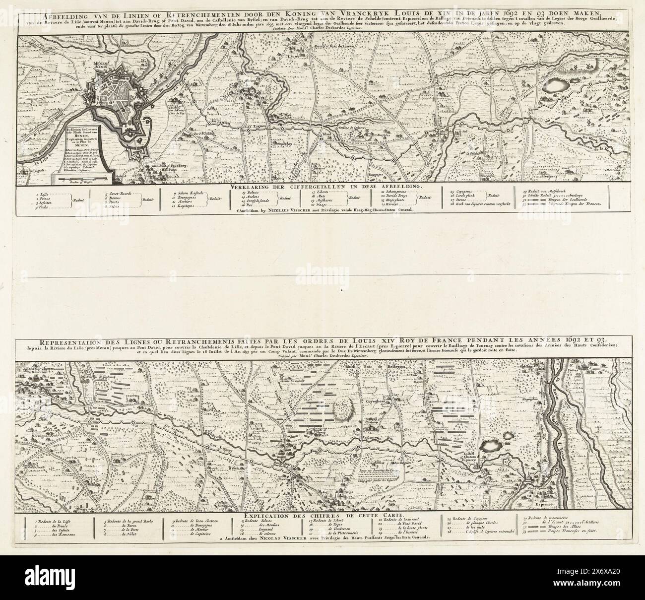 Verteidigungslinien der Franzosen in den südlichen Niederlanden, 1692-1693, Bild der Linien oder Zurücksetzungen des Königs von Frankreich Louis dem Louis unter jeder Karte sind die Erklärungen der Zahlen in den Darstellungen., Druck, Druckerei: Anonym, Charles Desbordes, (auf dem Objekt erwähnt), Herausgeber: Nicolaes Visscher (II), (erwähnt auf dem Objekt), Druckerei: Nordholland, Verlag: Amsterdam, 1693, Papier, Ätzen, Gravur, Höhe, 478 mm x Breite, 554 mm Stockfoto