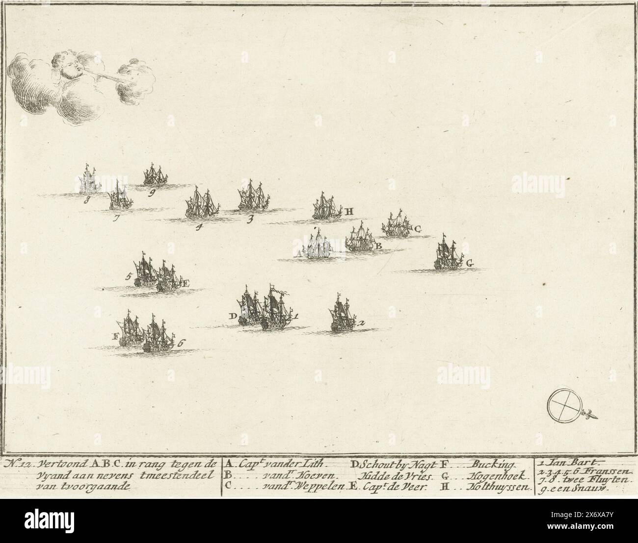 Marineschlacht zwischen Niederländern und Franzosen auf der Nordsee (Platte 12), 1694, NEAT Image, der Schlacht zwischen dem Geschwader niederländischer Kriegsschiffe unter dem Konteradmiral Hidde de Vries: Und Agt Franssen unter dem Kapitän Jan Bart; fand am 29. Juni 1694 in der Nordsee statt. Die ständigen Änderungen, neben den Namen der Kapitäne, wurden in vierzehn Schildern (Serientitel auf Objekt), Seeschlacht zwischen den Niederländern und den Franzosen auf der Nordsee genau angegeben. Platte Nr. 12 in einer Serie von 14 nummerierten Schildern einer Seeschlacht, die zwischen einem niederländischen Geschwader unter Hidde Sjoerds de Vries und Franzosen stattfand Stockfoto