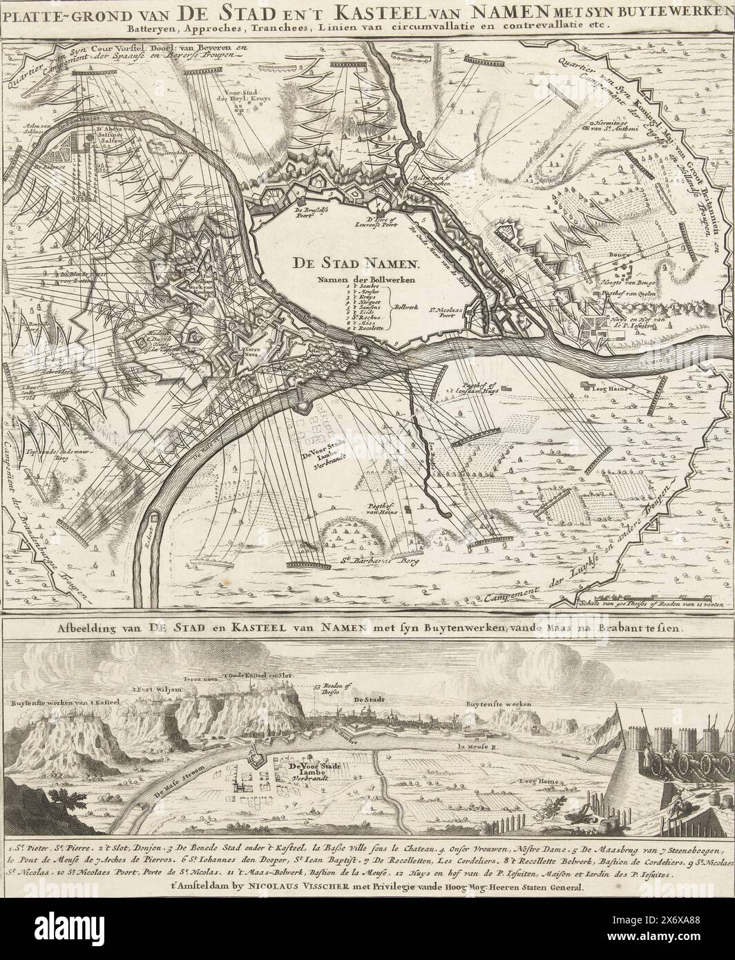 Belagerung von Namur, 1695, Plan der Stadt und Burg von Namur mit Syn kaufen Werke, Batterien, ApApprobes, Tranchees, Linien der Zirkumvallation und Contrevallation etc. (Titel auf Objekt), Belagerung von Namur durch die Alliierten unter König Wilhelm III., vom 3. Juli 1695. Blatt, auf dem die Präsentation und der Titel von drei Platten gedruckt sind. In der Mitte ein Plan von Namur und der unmittelbaren Umgebung mit den Stellungen der Truppen. Unten ist ein Blick auf die Stadt von den Positionen der Belagerer. Neue Positionen und Zeilen wurden in der Präsentation dieses Drucks hinzugefügt. Kopieren ohne Begleittexte., drucken Stockfoto