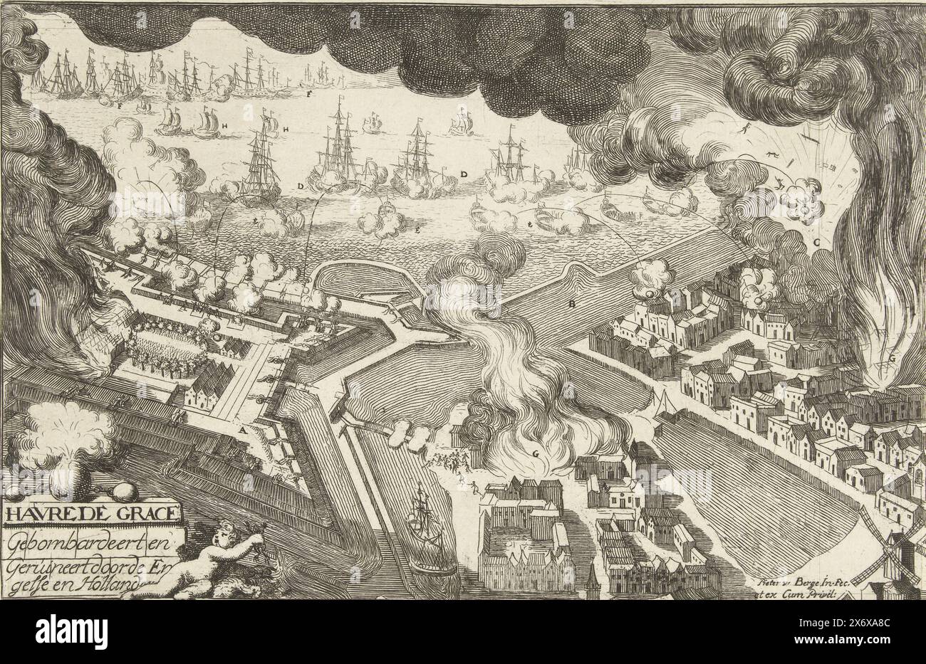 Bombardierung von Le Havre durch die Alliierten, 1694, Bombardierung und Ruine von Havre de Grace durch die Engländer und Holländer (Titel zum Objekt), Bombardierung des französischen Hafens Le Havre durch die englische und niederländische Flotte, 28 (oder 25?) Juli 1694 . Die Stadt brennt. Details in der Szene sind mit Buchstaben markiert, aber eine Legende fehlt., Druck, Druckerei: Pieter van den Berge, (erwähnt auf Objekt), nach eigenem Entwurf von: Pieter van den Berge, (erwähnt auf Objekt), Verlag: Pieter van den Berge, (erwähnt auf Objekt), Nordholland, 1694, Papier, Ätzen, Höhe, 177 mm x Breite, 265 mm Stockfoto