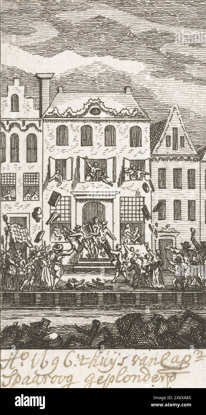 Plünderung des Hauses von Kapitän Spaaroog während des Speaker's Riot in Amsterdam, 1696, Plünderung des Hauses von Kapitän Martinus Spaaroog auf der Reguliersgracht während des Speaker's Riot in Amsterdam, 31. Januar bis 1. Februar 1696., Druck, Druckerei: Simon Fokke, Nordholland, 1779 - 1781, Papier, Ätzen, Höhe, 80 mm x Breite, 41 mm Stockfoto
