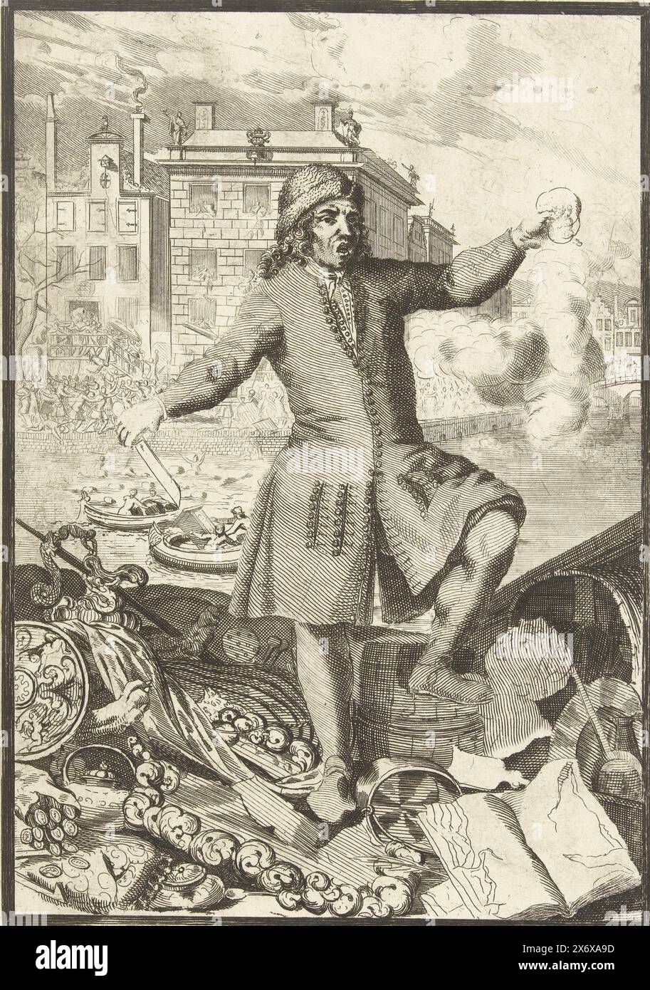 Plünderer aus dem Prosecution Riot in Amsterdam, 1696, Cartoon eines Plünderers aus dem Prosecution Riot in Amsterdam, 31. Januar bis 1. Februar 1696. Der Mann steht mit offenem Mund, Messer in der rechten Hand und einem ausgeschnittenen menschlichen Herz in der linken Hand, zwischen geplünderten Gütern, auf dem Hintergrund Plünderungen von Häusern an einem Kanal. Teil einer Serie von drei (zwei davon sind vorhanden) Darstellungen der Plünderer. Laut einer alten Notiz handelt es sich um Jan Bokzen (oder Bokle), einen Seemann aus Boston, der bei der Plünderung des Pinto House gefangen wurde Stockfoto