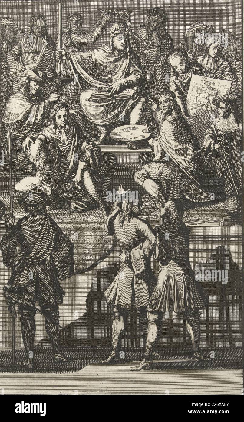 Empfang von Cornelis de Bruyn als neues Mitglied der Bentvueghels, 1674, Empfang von Cornelis de Bruyn als neues Mitglied der Bentvueghels, 22. Dezember 1674. Die Kompanie mit dem Kopf wie ein Priester mit Schwert in der Hand und gekrönt mit einem Lorbeerkranz, umgeben von Mitgliedern der Bentvogels, der Gruppe niederländischer Künstler in Rom. Im Vordergrund das neue Mitglied (Cornelis de Bruyn) mit einem Freund (möglicherweise Robbert Duval) und einem Schweizer Soldaten. Rechts oben markiert: A., Druck, Druckerei: Caspar Luyken, (auf dem Objekt erwähnt), Nordholland, 1696 - 1698, Papier, Ätzen, Gravieren, Höhe, 303 Stockfoto