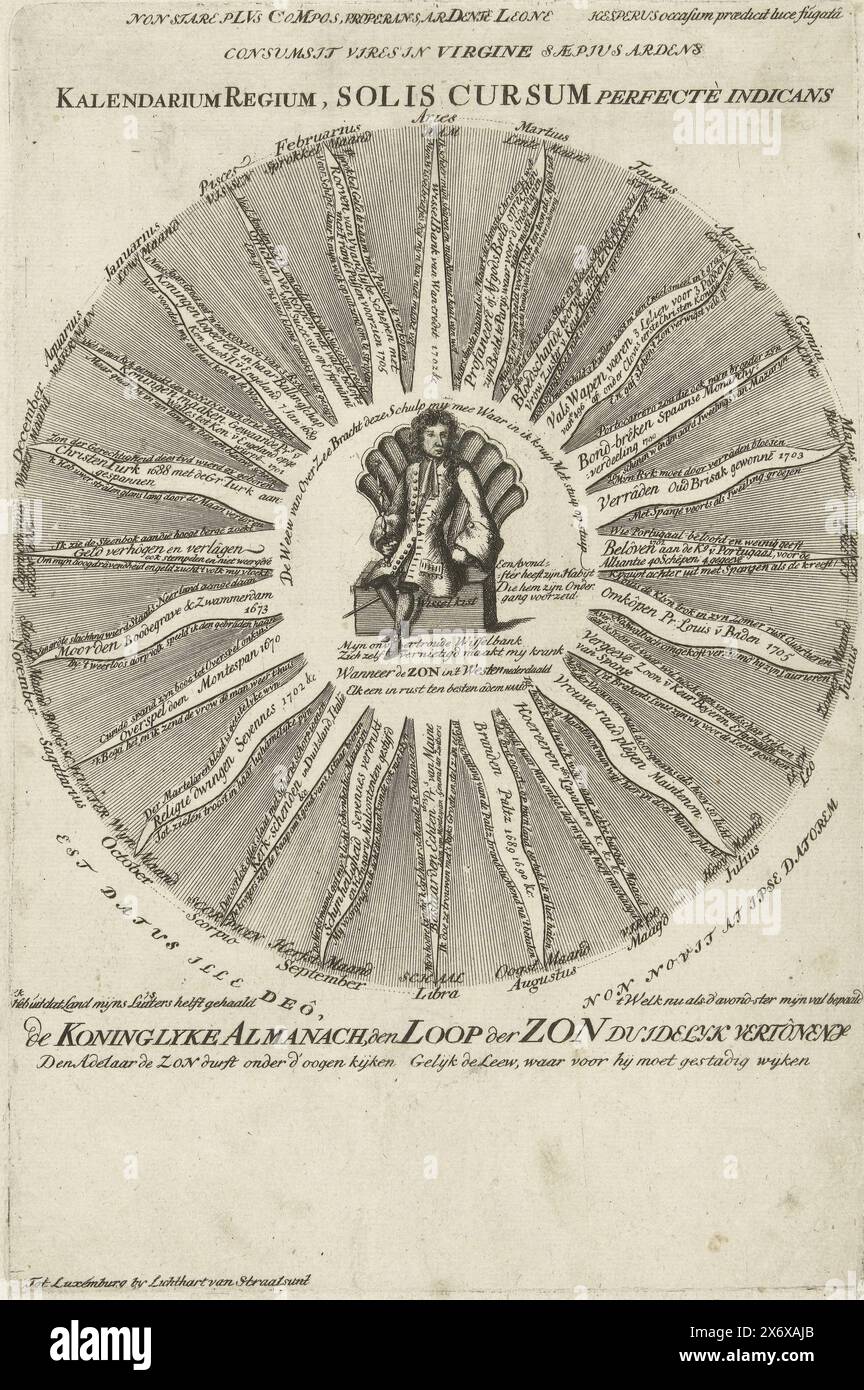 Königlicher Almanach von Ludwig XIV. Als Sonnengott, der mit den 24 Strahlen in der Mitte der Sonne sitzt. Jeder Strahl stellt ein Verbrechen des Königs dar. Mit Versen und Erklärungen auf Niederländisch. Teil einer Serie von 7 Karikaturen über die Franzosen und Verbündeten aus dem Jahr 1705., Druck, Druckerei: Anonym, Verlag: Carel Allard, (zugeschrieben), Druckerei: Nord-Niederlande, Verlag: Amsterdam, 1705 - 1706, Papier, Ätzen, Höhe, 266 mm x Breite, 175 mm Stockfoto