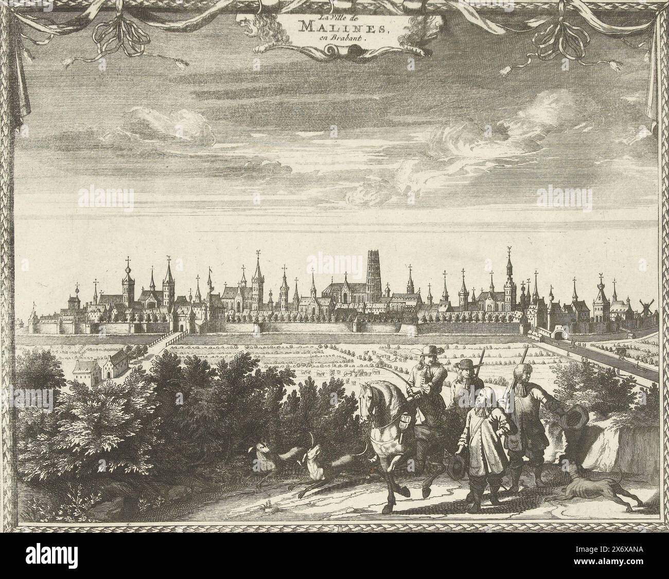 View of Mechelen, 1726, La Ville de Malines, en Brabant (Titel über Objekt), Les Forces de l’Europe, Asia, Afrique et Amerique (...) Comme auch les Cartes des Côtes de France et d’Espagne (Titel über Objekt), View of Mechelen, im Vordergrund eine Gruppe von Jägern. Platte Nr. 279 in Teilplatten bekannter starker Städte und Festungen im Zusammenhang mit dem Spanischen Erbfolgekrieg 1701–1713. Die meisten dieser Platten wurden von anonymen französischen Platten bekannter starker Städte und Festungen kopiert: In Les Forces de l’Europe und in Le Theater de la guerre, dans les Pays-Bas, beide Stockfoto