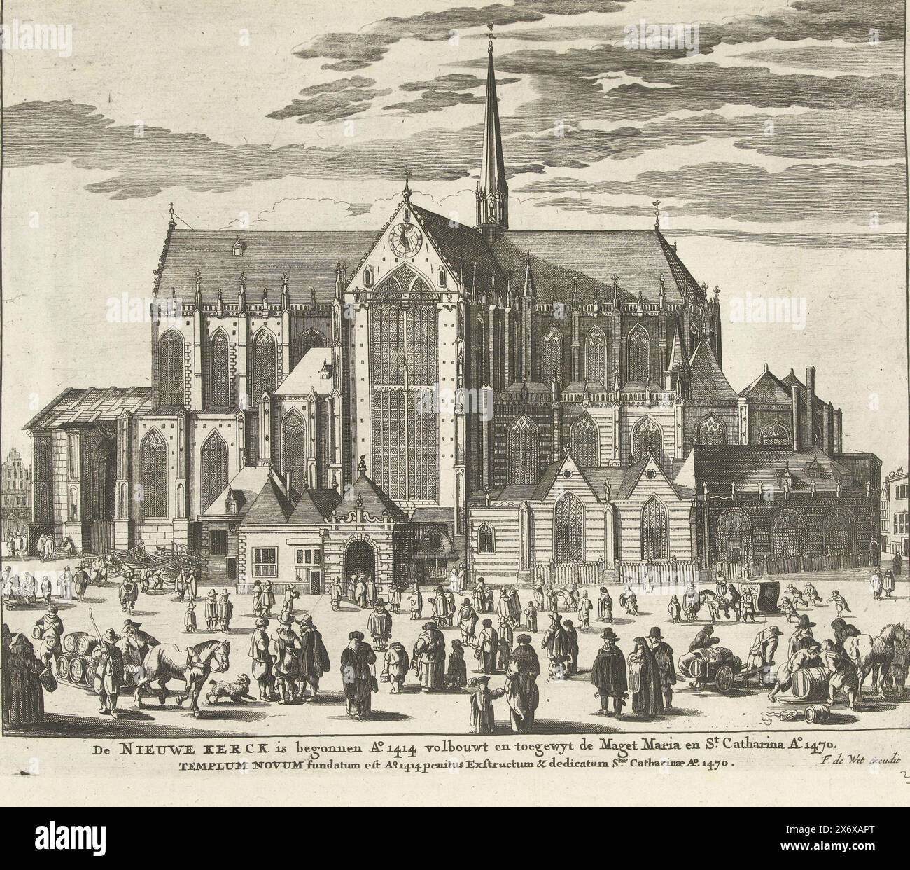 Ansicht der Nieuwe Kerk in Amsterdam, 1726, de Nieuwe Kerck (...), Templum Novum (...) (Titel über Objekt), Les Forces de l'Europe, Asie, Afrique et Amerique (...) Comme auch les Cartes des Côtes de France et d'Espagne (Titel über Objekt), Ansicht der Nieuwe Kerk in Amsterdam. Platte Nr. 295 in Teilplatten bekannter starker Städte und Festungen im Zusammenhang mit dem Spanischen Erbfolgekrieg 1701–1713. Die meisten dieser Platten wurden von anonymen französischen Platten bekannter starker Städte und Festungen kopiert: In Les Forces de l’Europe und in Le Theater de la guerre, dans les Pays-Bas Stockfoto