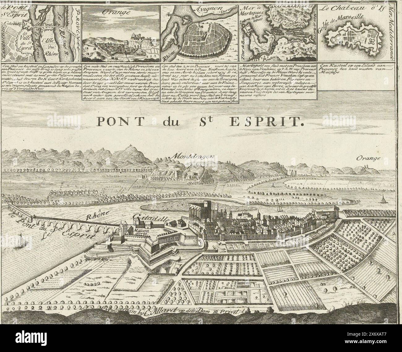 Blick auf Pont-Saint-Esprit, ca. 1701-1713, Pont du St. Esprit (Titel auf Objekt), Les Principales Forteresses & Villes Fortes, d'Espagne, de France, d'Italie, de Savoia, d'Allemagne & des Pais-Bas (...), genaue Bilder der wichtigsten Städte und Festungen in Spanien, Frankreich, Italien, Savoyen, Deutschland und den Niederlanden (...) (Serientitel auf Objekt), Ansicht von Pont-Saint-Esprit mit der Brücke über den Rhône, oben fünf kleine Bilder anderer französischer Städte. Teil der gesammelten Serie von 49 Platten bekannter starker Städte und Festungen im Spanischen Erbfolgekrieg, ca. Stockfoto