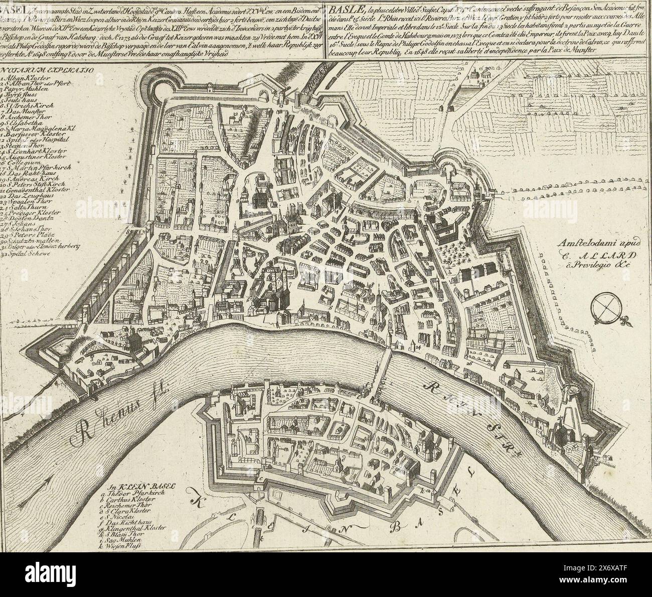 Karte von Basel, ca. 1701-1713, Basel, die wichtigste Stadt der Schweiz, die Hauptstadt der 9. Kantone (...) (Titel auf Objekt), Les Principales Forteresses & Villes Fortes, d'Espagne, de France, d'Italie, die Savoia, d'Allemagne & des Pais-Bas (...), genaue Bilder der wichtigsten Städte und Festungen in Spanien, Frankreich, Italien, Savoyen, Deutschland und den Niederlanden (...) (Serientitel auf Objekt), Karte der Schweizer Stadt Basel, am Rhein gelegen. Teil der gesammelten Serie von 49 Platten bekannter starker Städte und Festungen im Spanischen Erbfolgekrieg, um 1701- Stockfoto