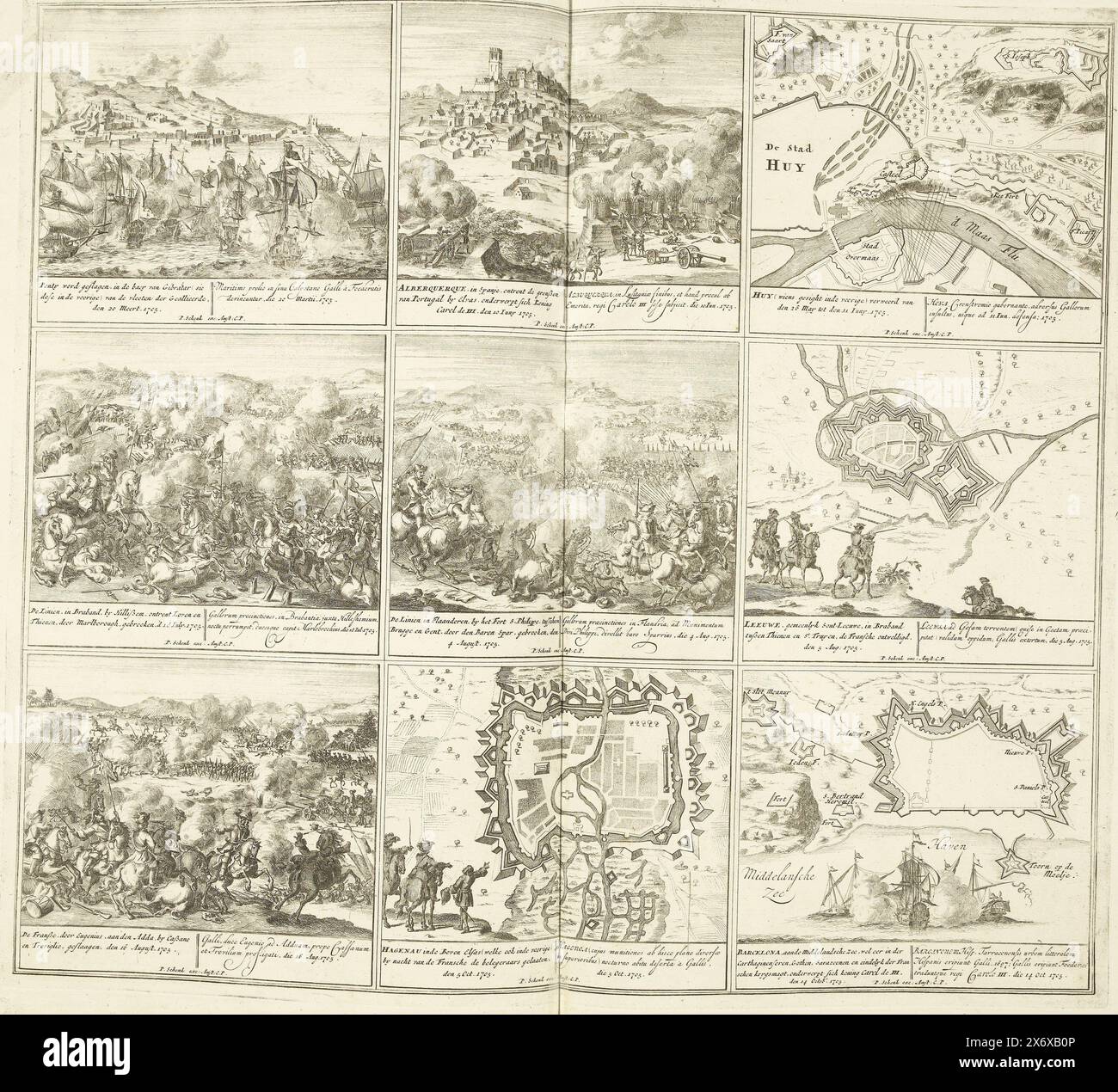 Theater of war (Seite VI), 1705, Theater of war, von König Karl II. Bis König Karl III. Gegründet in IX. Historische Figuren auf einem Elefantenblatt, als Schlachten, Belagerungen auf Wasser und Land, mit den wichtigsten Festungen (...) (Serientitel auf Objekt), Blatt mit neun Darstellungen von Ereignissen aus dem Jahr 1705 des Spanischen Erbfolgekrieg und Karten befestigter Städte. Blatt VI in: Theater des Krieges (Ausgabe 1720), der Druck mit der gebündelten Serie von 31 Platten über den Spanischen Erbfolgekrieg., Druck, Druckerei: Pieter Schenk (I), Verlag: Pieter Schenk (I) Stockfoto